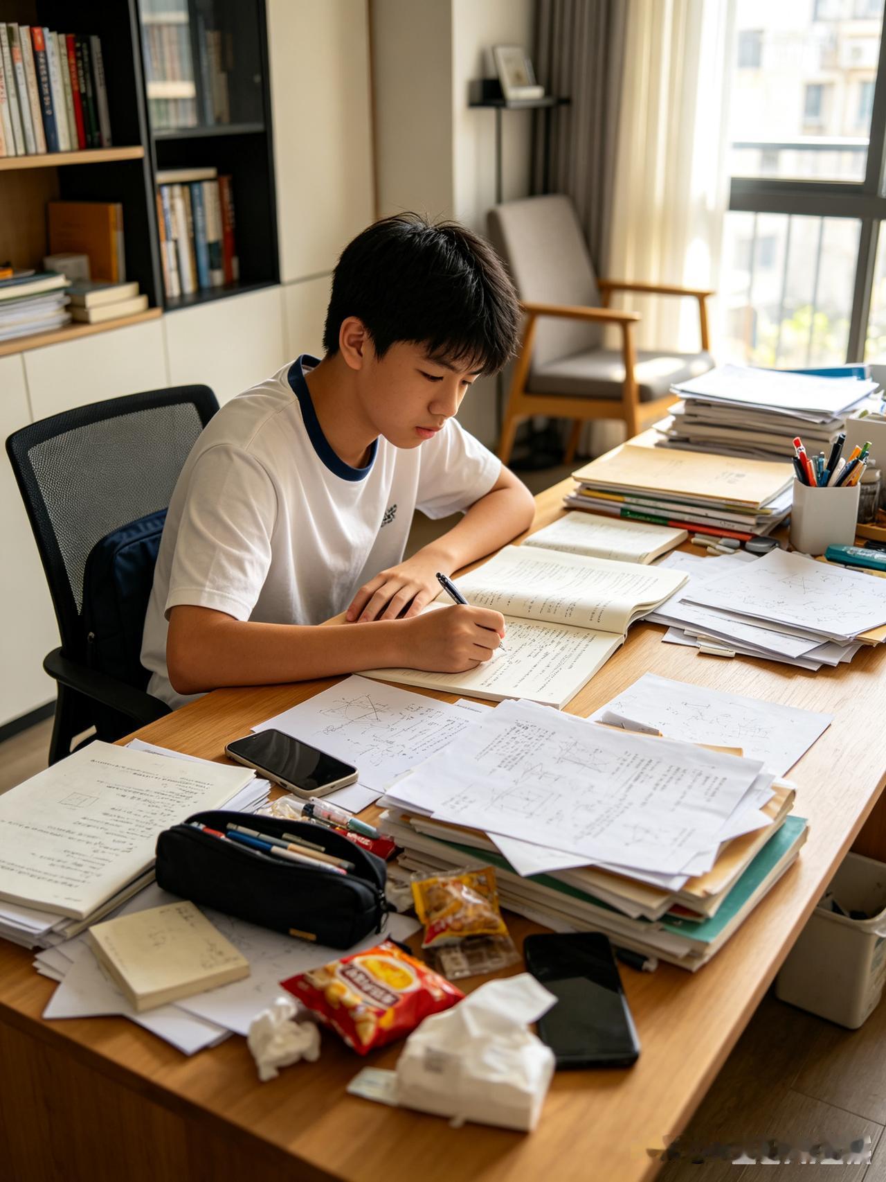 一屋不扫何以扫天下。

儿子的书桌真的很乱。

我看不过去。

说:这么乱，不收