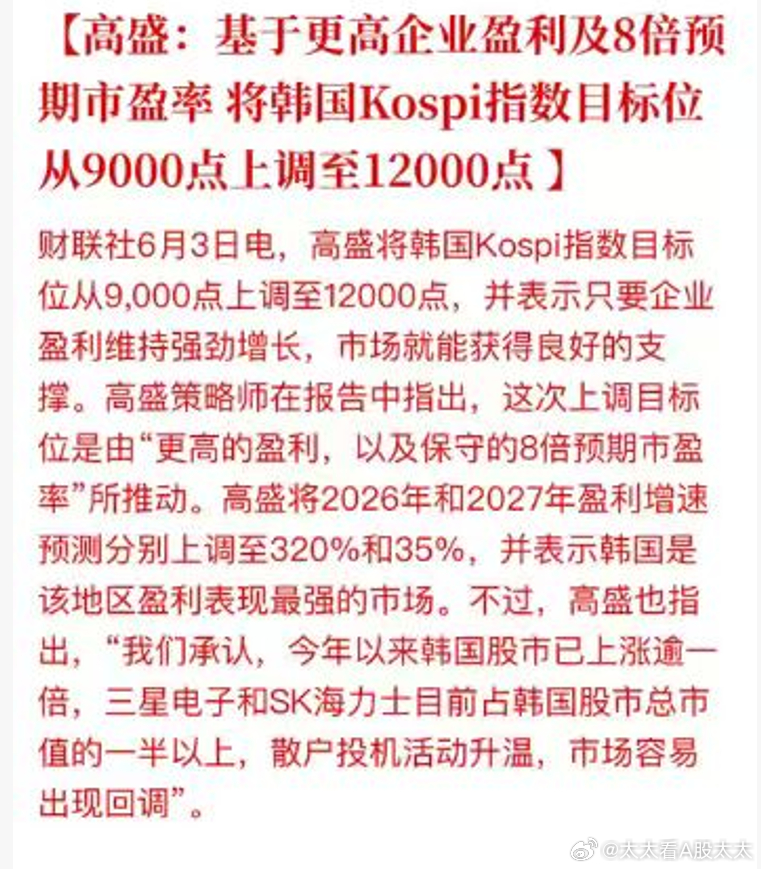 高盛：将韩国Kospi指数目标位从9000点上调至12000点。
