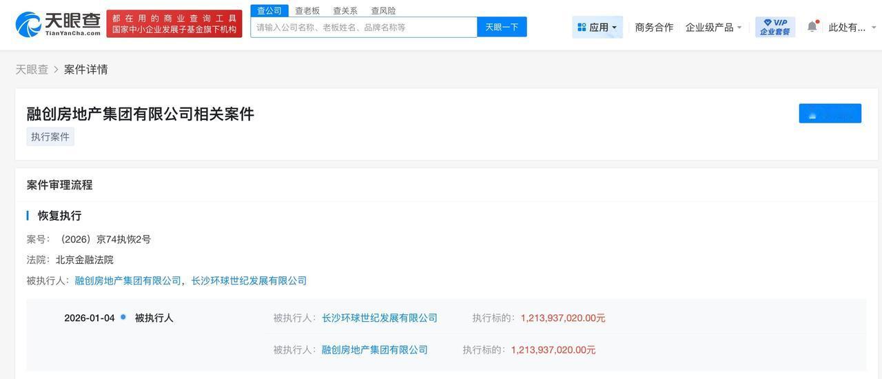 融创房地产等被恢复执行12亿
天眼查App显示，近日，融创房地产集团有限公司新增