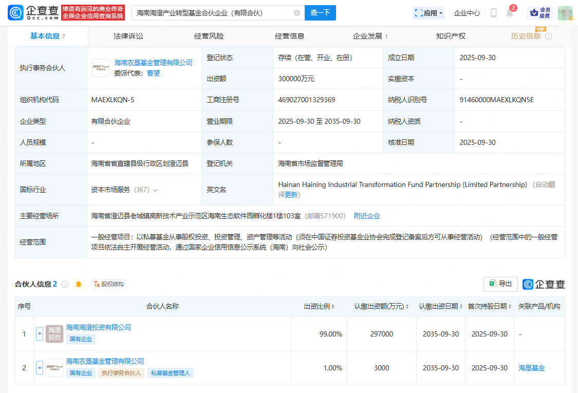海南海澄投资等公司成立产业转型基金，出资额30亿