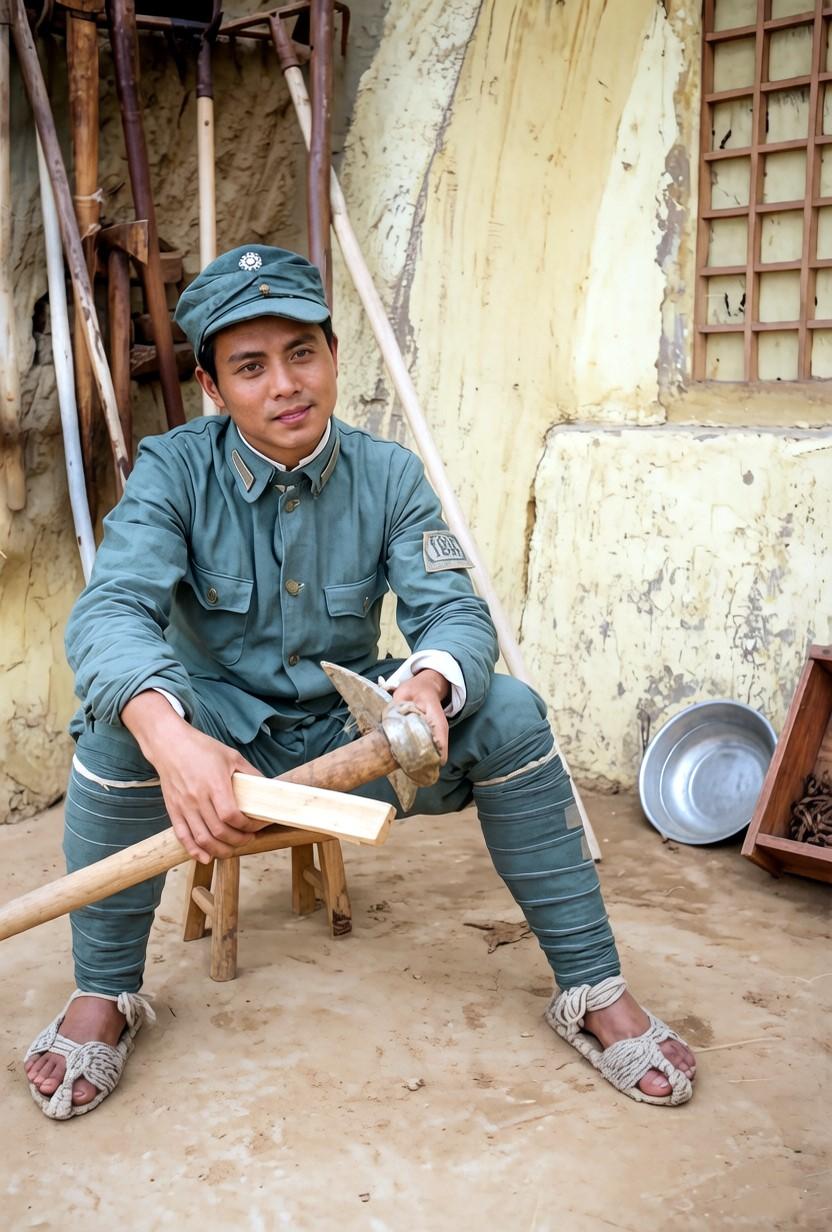 1944年夏，延安南泥湾的一座窑洞前，一名长相俊朗的八路军战士正在修理开荒用的锄