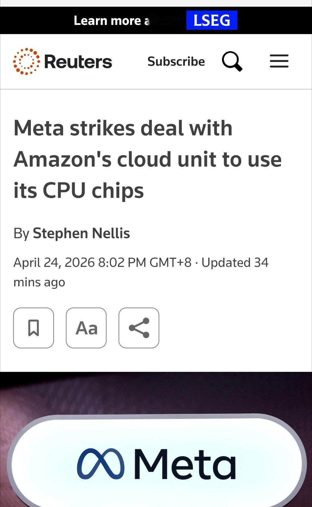 路透社报道，Meta与亚马逊达成数十亿美元的协议，将使用其CPU芯片进行人工智能