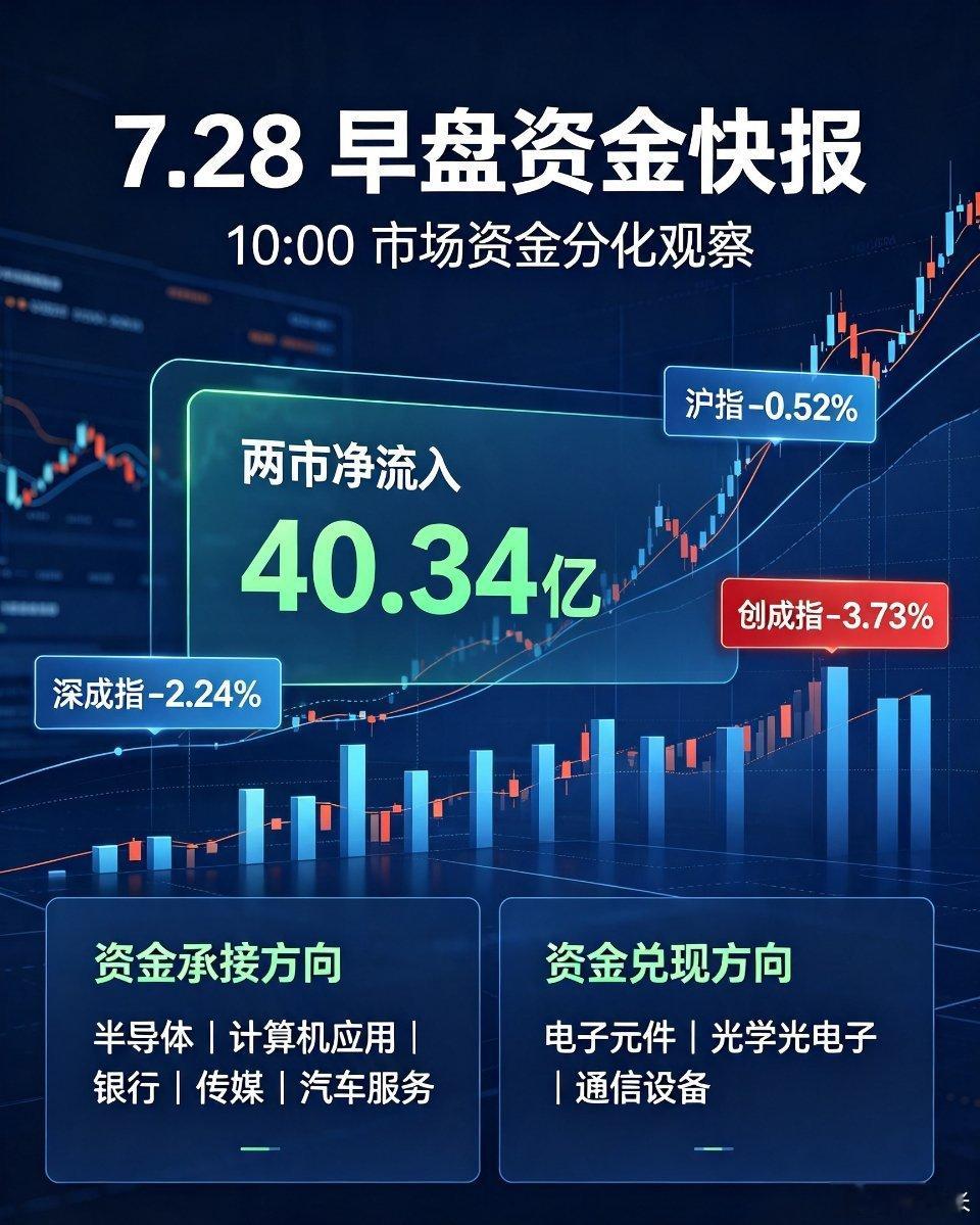 7月28日 10:00 早盘资金数据速览早盘各大宽基指数出现明显分化，小盘指数相