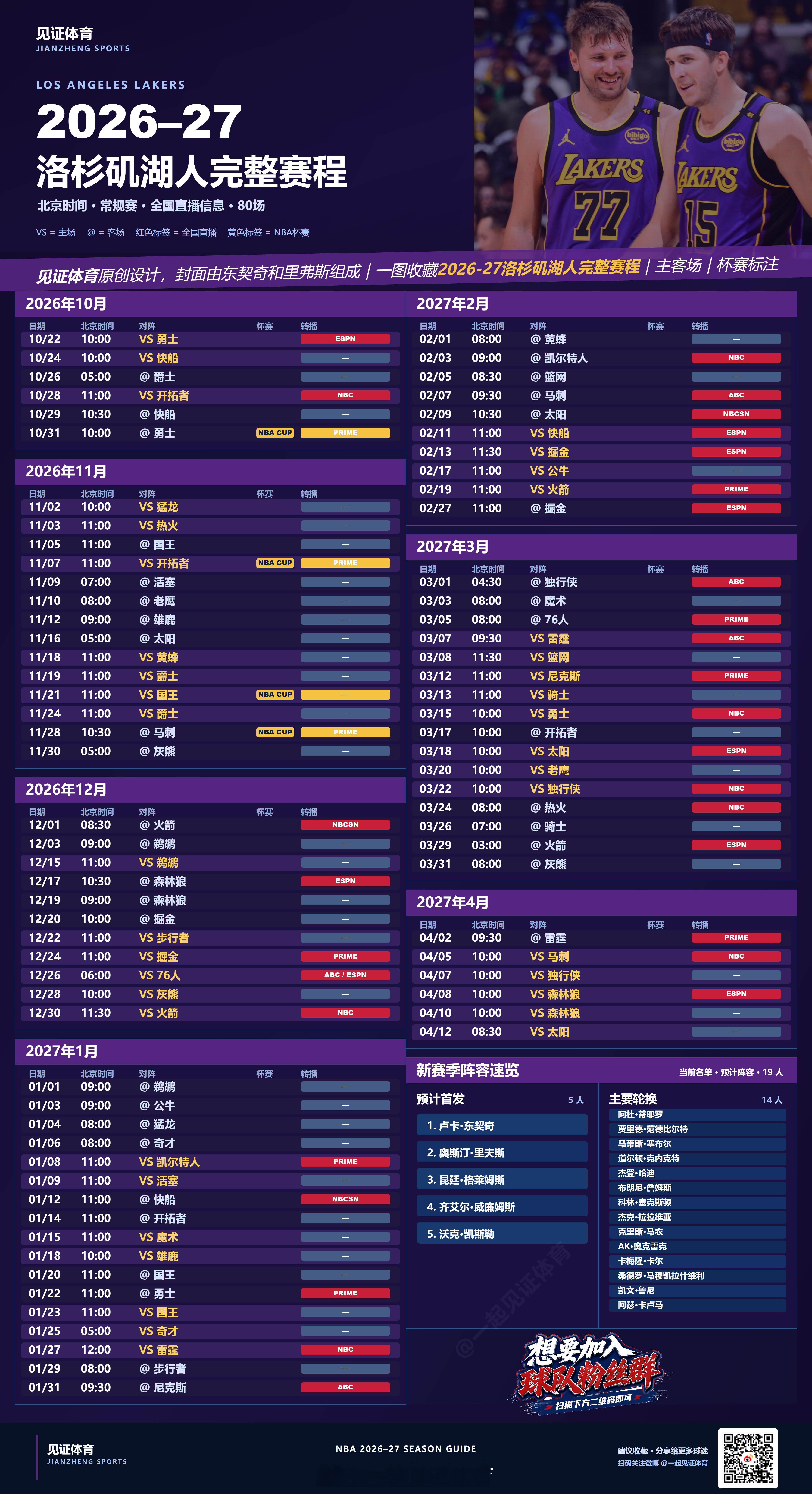 湖人球迷，2026-27新赛季完整赛程来了！💜💛继续更新「见证体育 NBA球