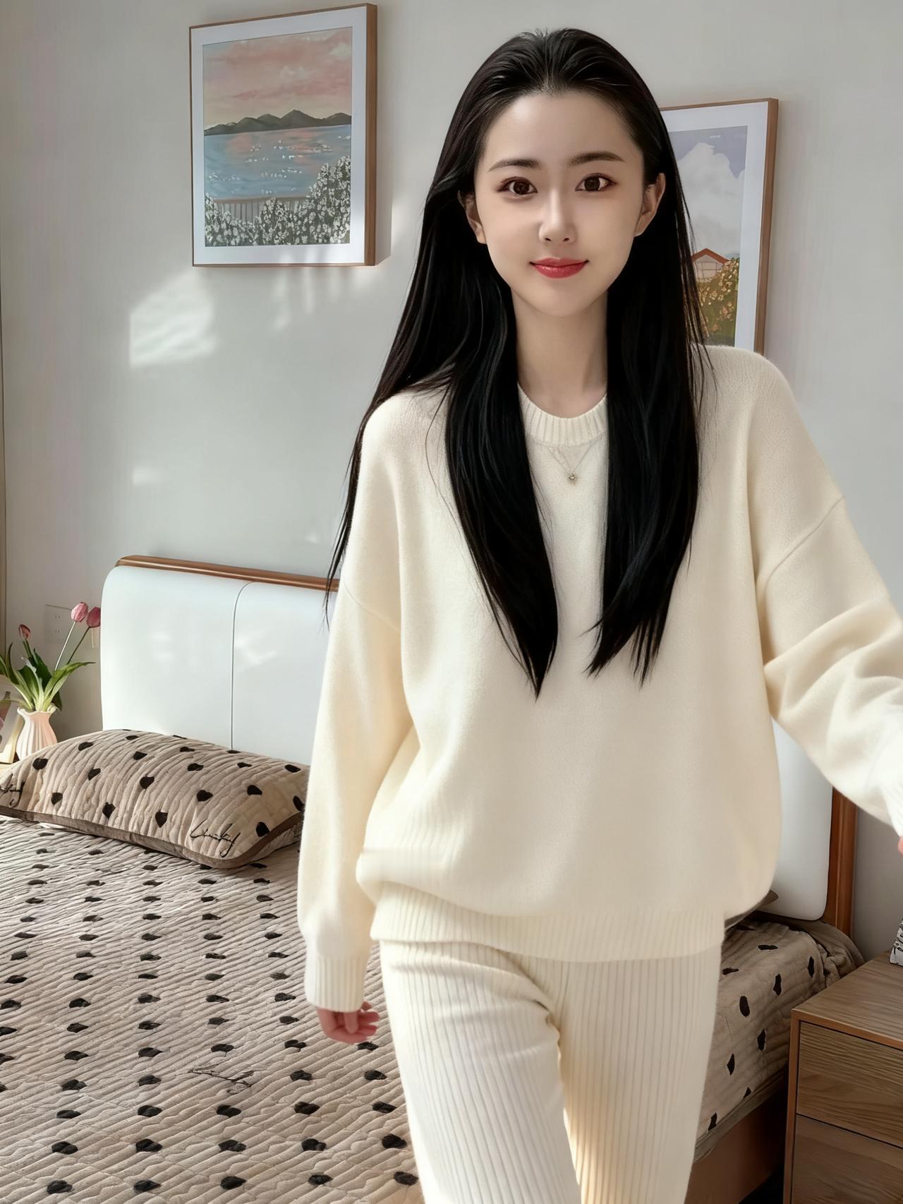 你从阳光里走出来，像一片羽毛
轻轻地落进了卧室的柔软
米白色的毛衣裹着你的温情