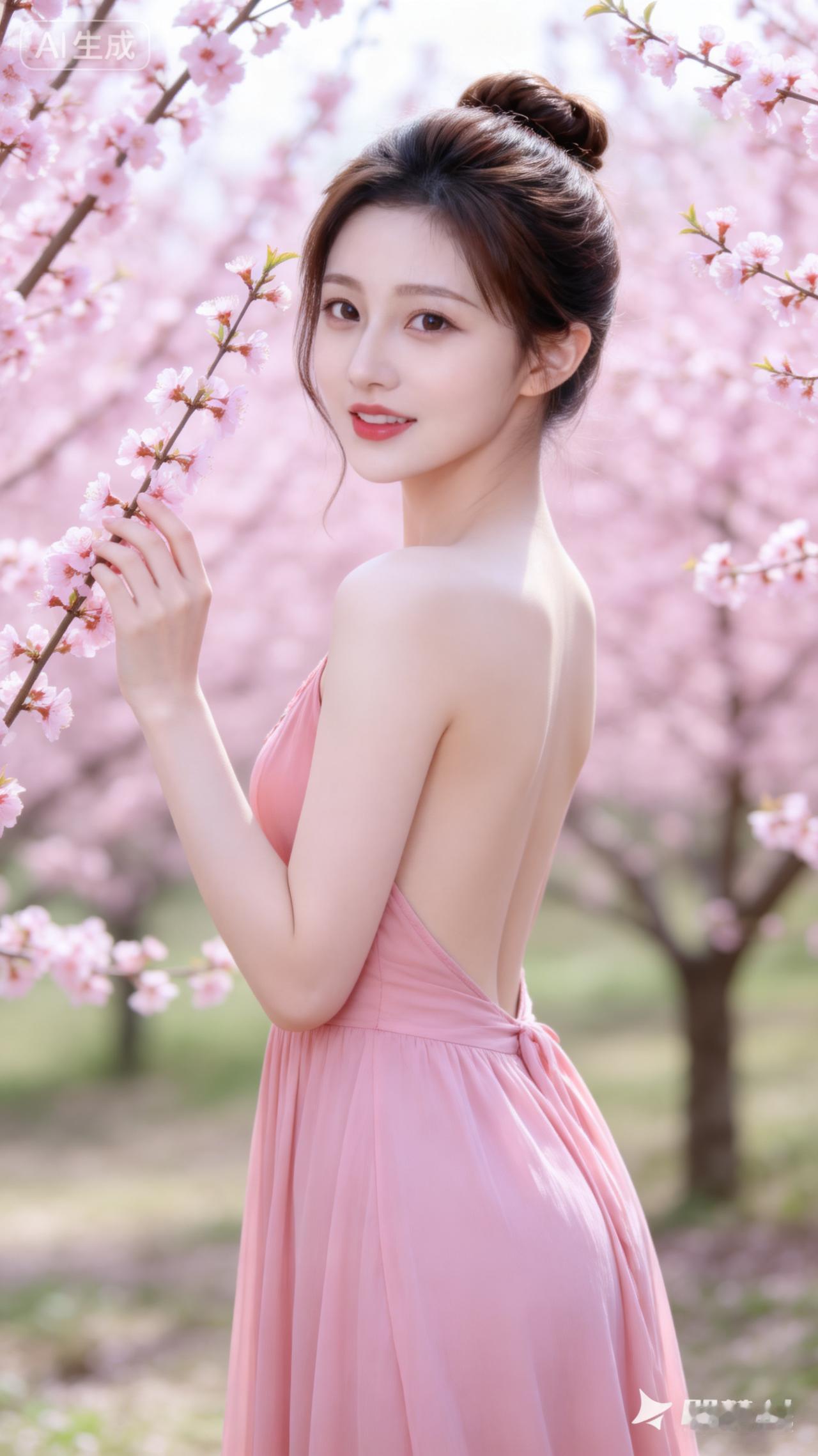 樱花树下，少女轻抚花枝，粉裙飘逸，春意盎然。🌸💕