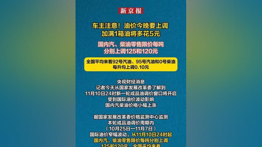 车主注意！今晚24时油价上调：92、95汽油及0号柴油每升涨0.1元，加满一箱油