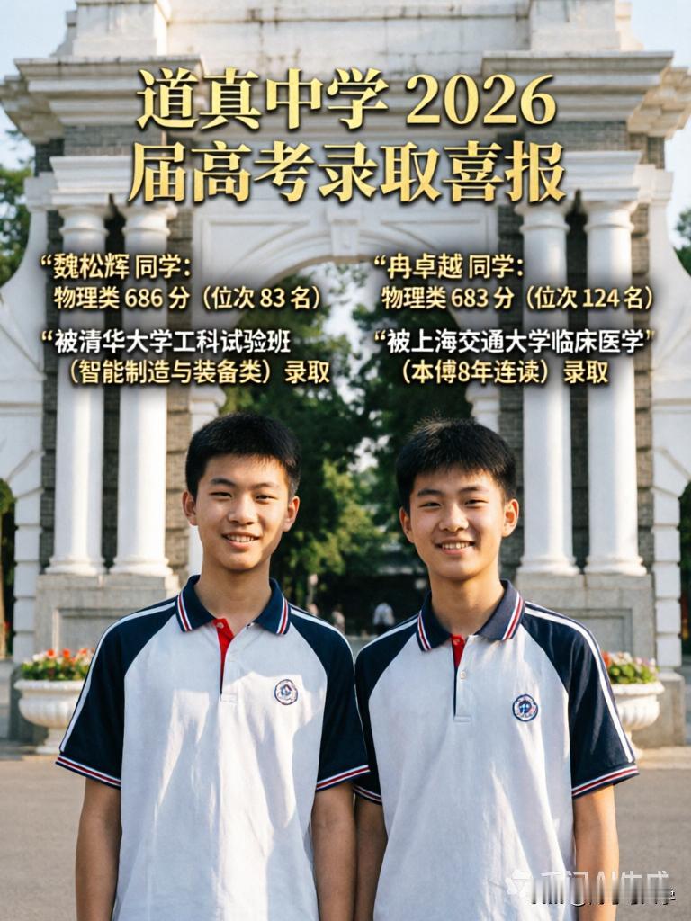 遵义市道真中学2026届高考录取清华1人
第一名魏松辉同学，物理类 686 分（