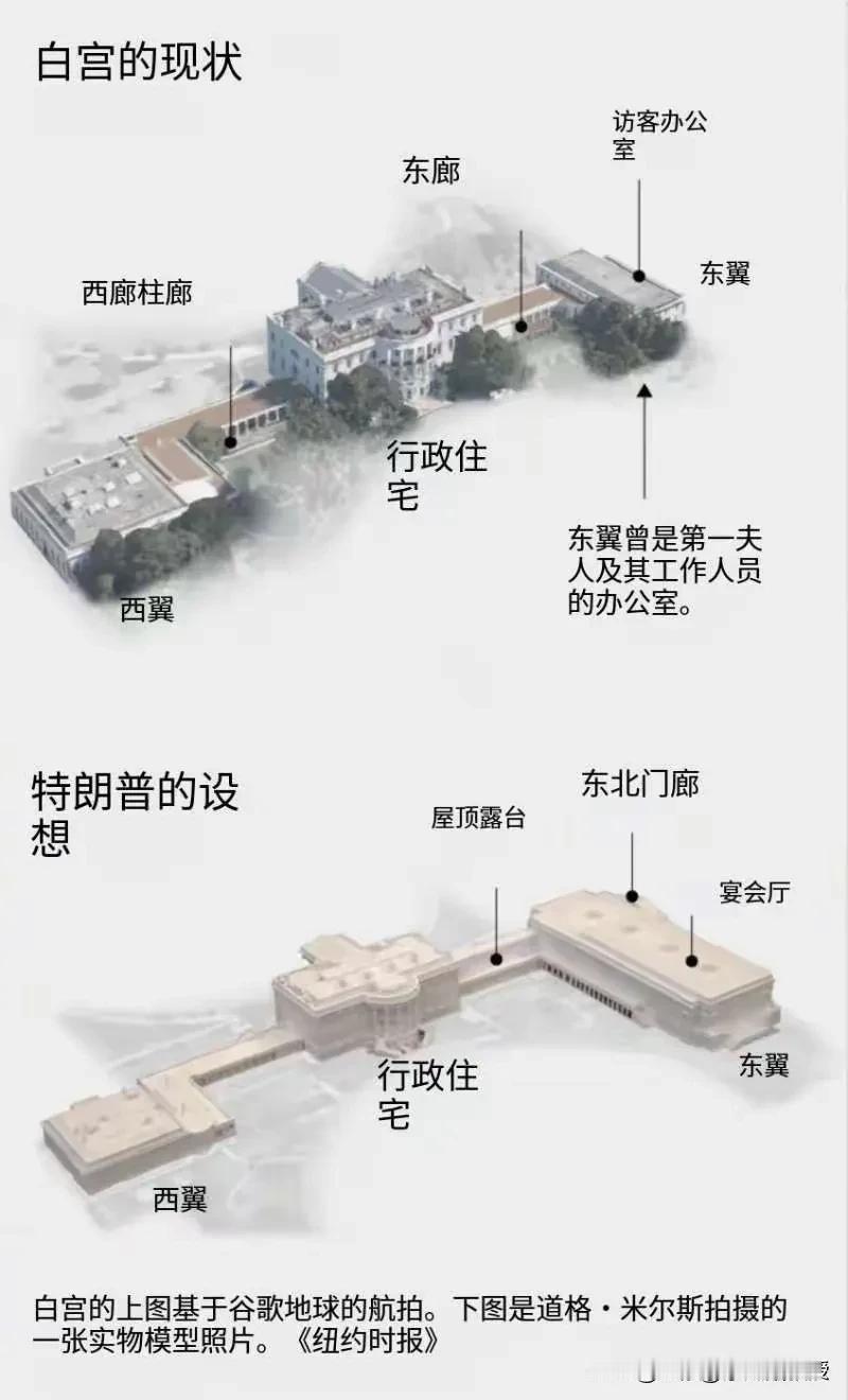 看看下图，白宫东翼拆了之后特朗普要修的宴会厅的布局，跟西翼相比，显得头重脚轻，宴