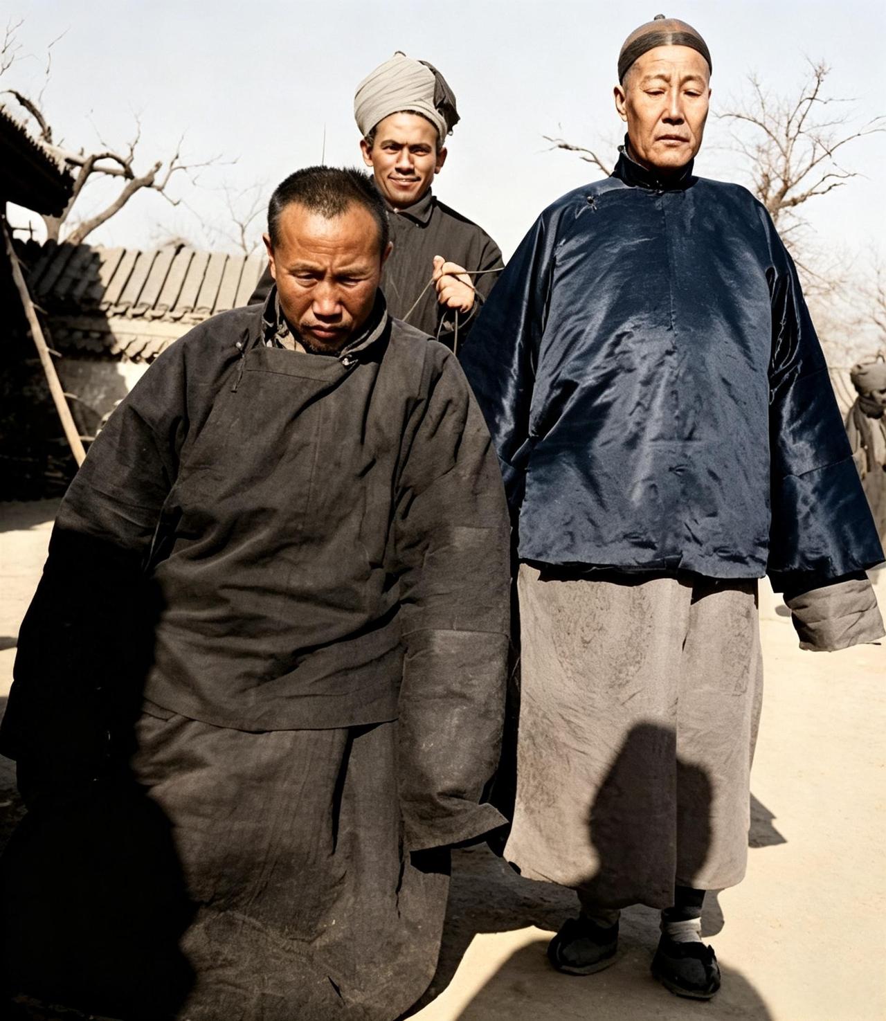 这是一九零一年一名锡克兵用绳子套在两名太监的脖子上看管着他们。一名太监高傲地站着