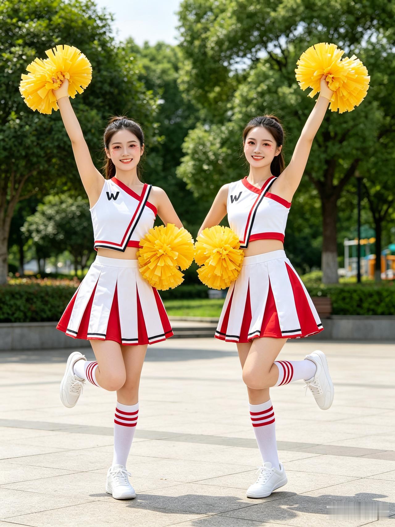 假期的公园格外热闹，
两位老师欢快舞蹈。
啦啦操跳得活力满满，
黄色花球在手中轻