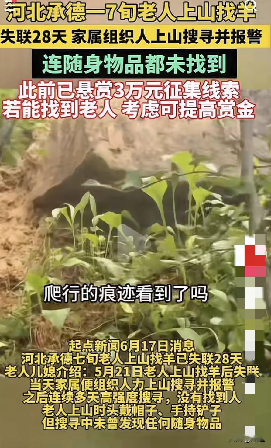 河北承德七旬老人5月21日进山找羊后失联，头戴帽子，手拿铲子。至今已过去28天了