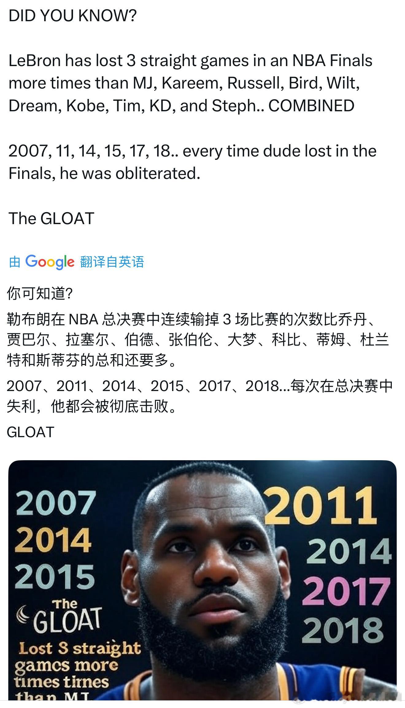 美媒：詹姆斯在总决赛里三连败的次数比乔丹、贾巴尔、拉塞尔、伯德、张伯伦、奥拉朱旺