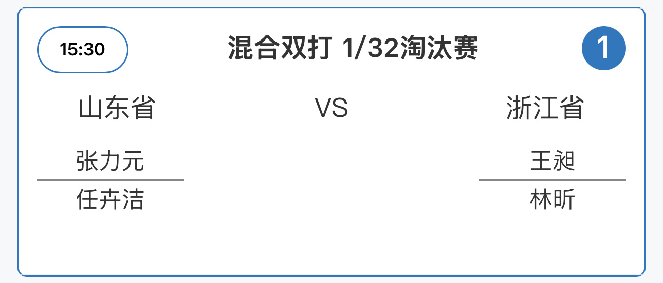 第十五届全运会250819 混双单项资格赛1/32赛张力元/任卉洁（山东）VS王