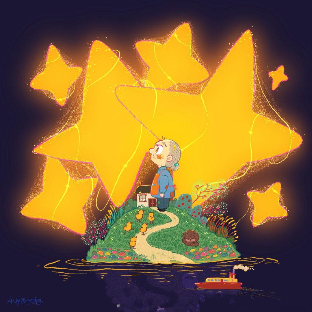 记忆里的鱼与星星，有着淡淡的桂花香。小井画个世界玩插画手绘pad绘画奶奶姥姥记忆