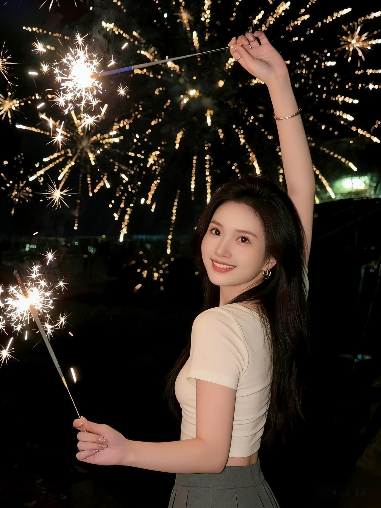 夜空烟火下的少女，笑靥如花，绽放美好时光。少女感笑容
