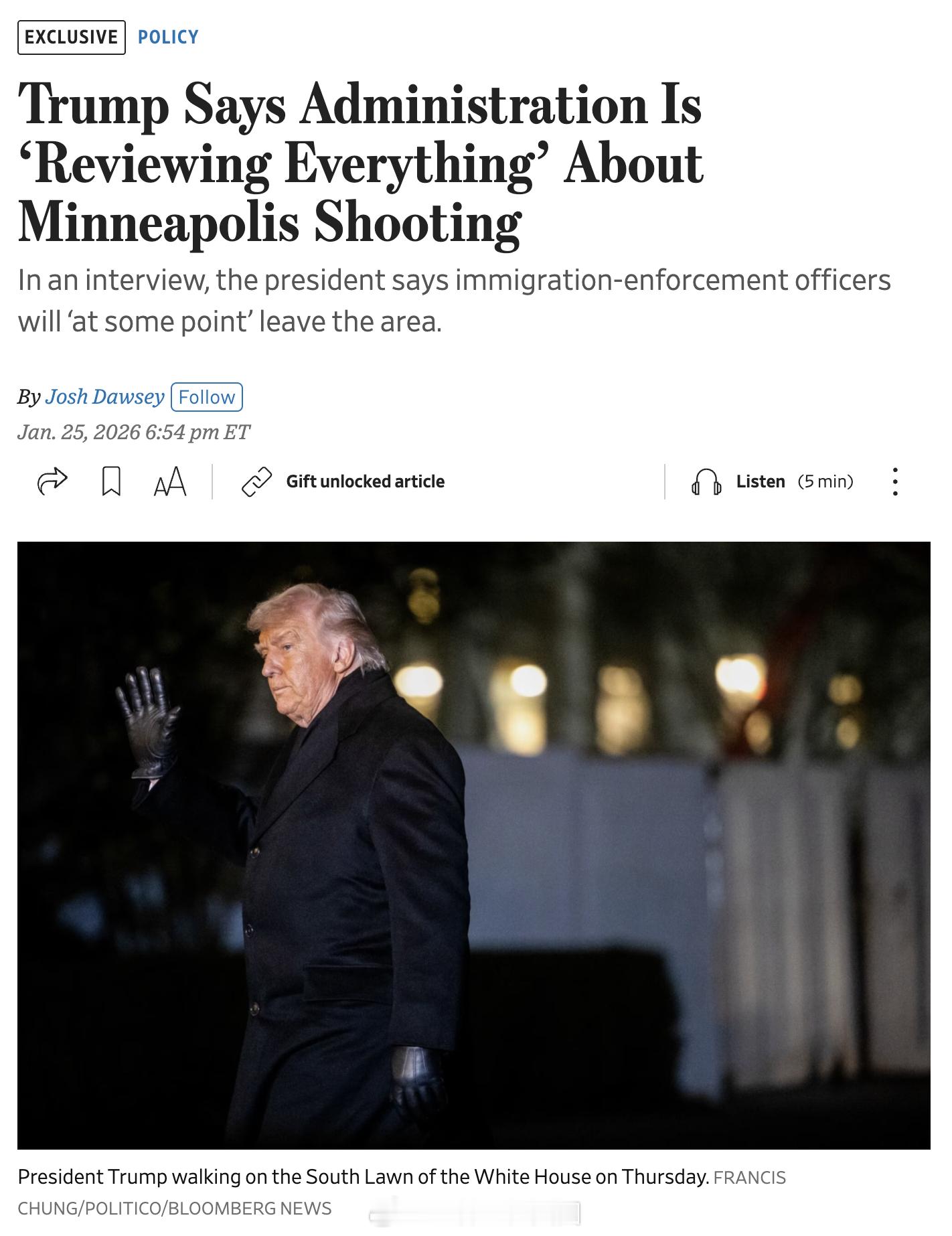 川普今天在接受WSJ约五分钟的电话采访时，两次被问到开枪打死Alex Prett