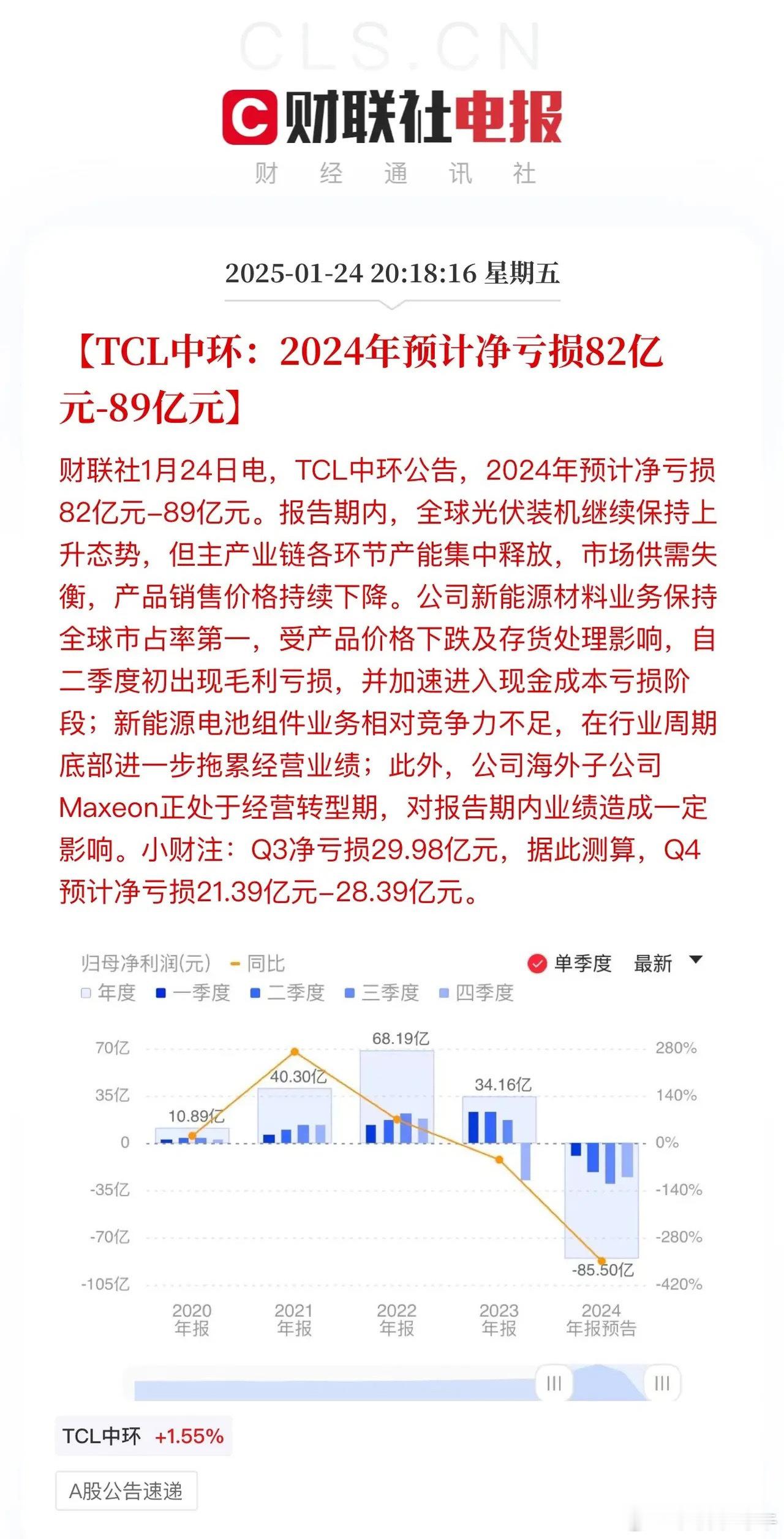 光伏板块开业绩比惨大会：通威股份亏70-75亿隆基绿能亏82-88亿TCL中环亏