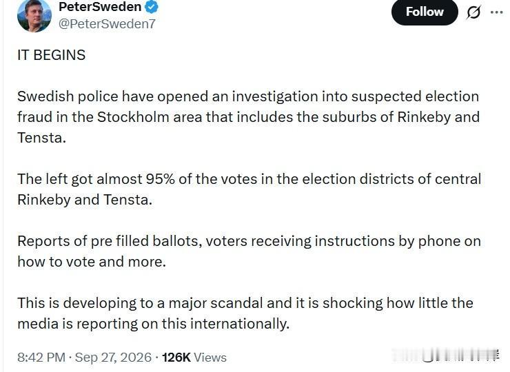 大戏开场
瑞典警方已针对斯德哥尔摩地区涉嫌选举舞弊一事展开调查，调查范围包含林克