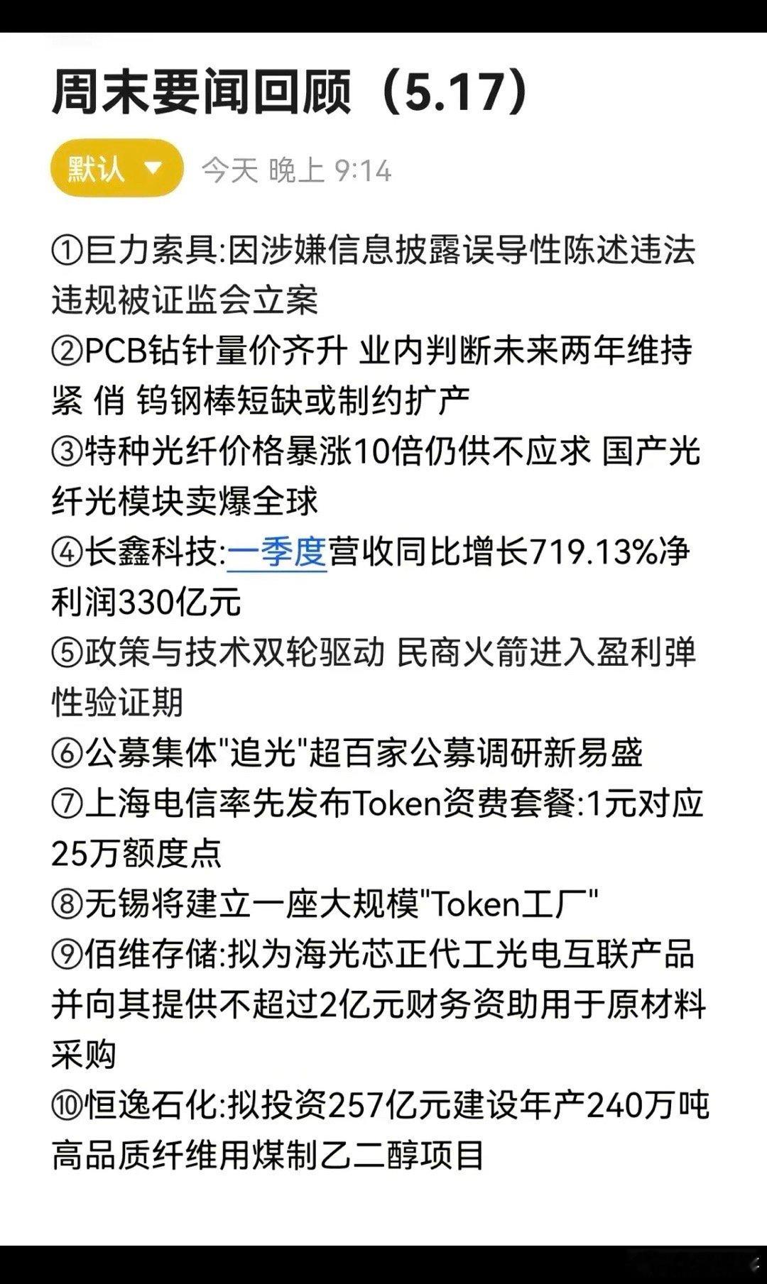 5.18周一  财经热点+新闻汇总！1.PCB钻针2.特种光纤3.商业航天4.上
