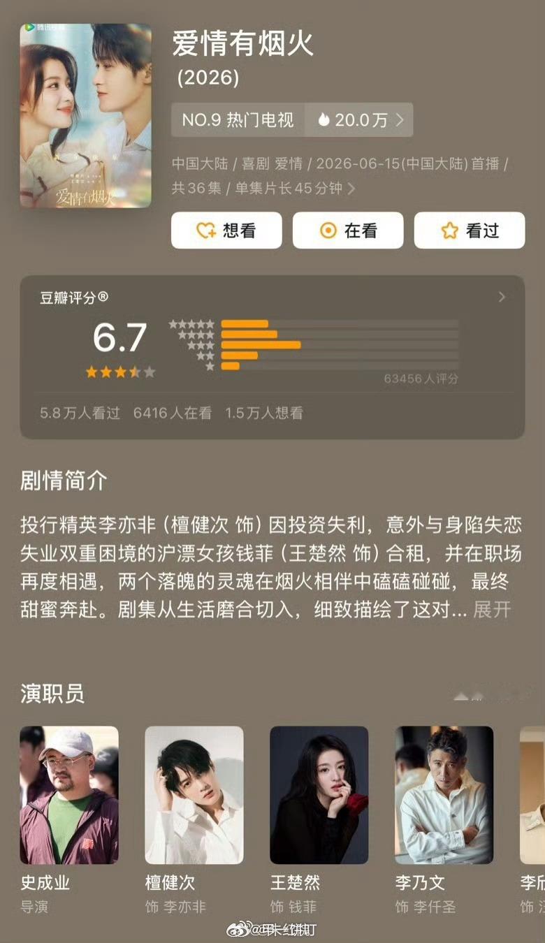 檀健次、王楚然《爱情有烟火》豆瓣开分6.7 