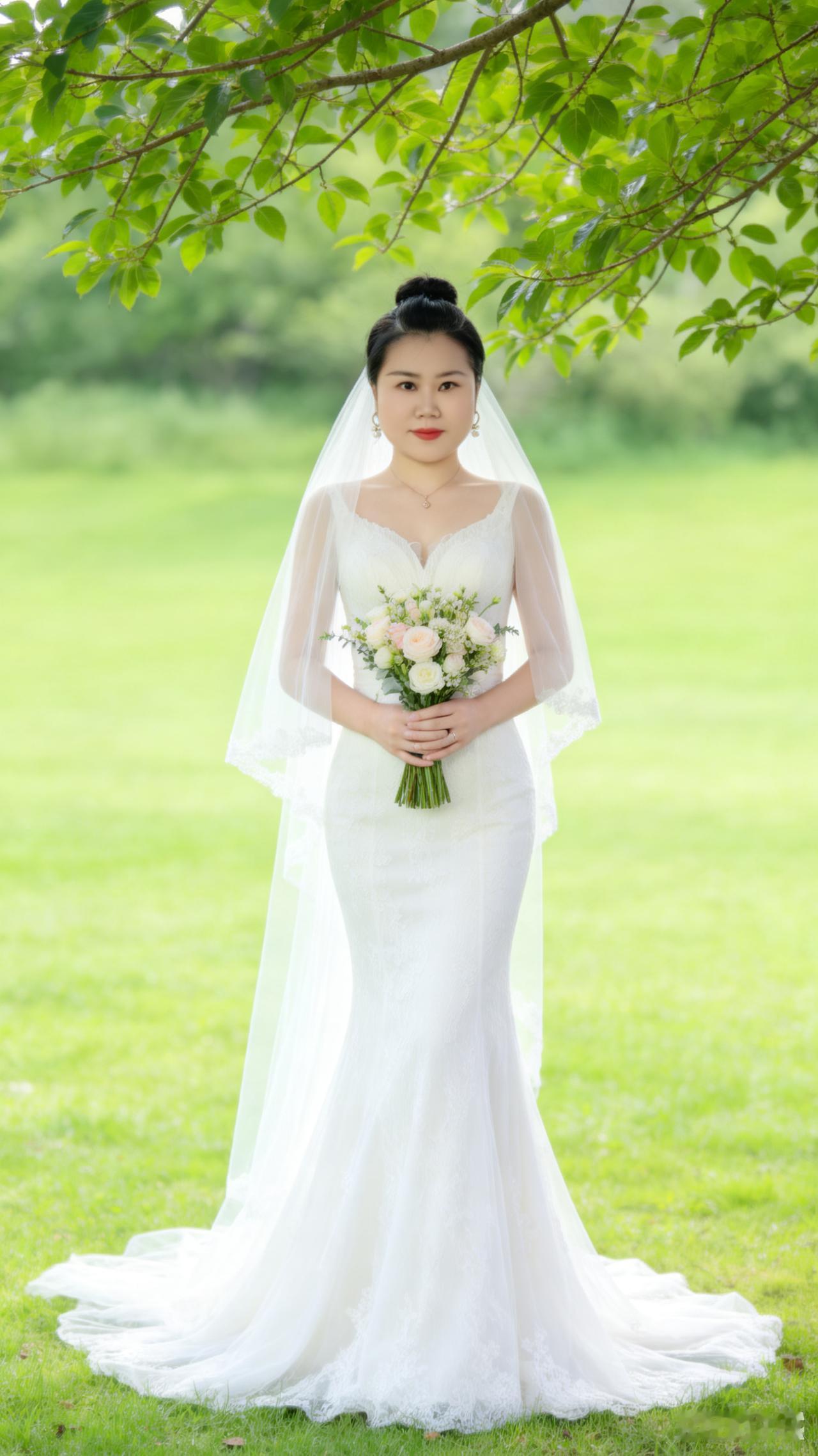 七言八句韵律诗
云鬓盘梳气质佳，一袭素袂韵堪夸。
手拈繁花立汀葭，玉面温柔眼蕴霞
