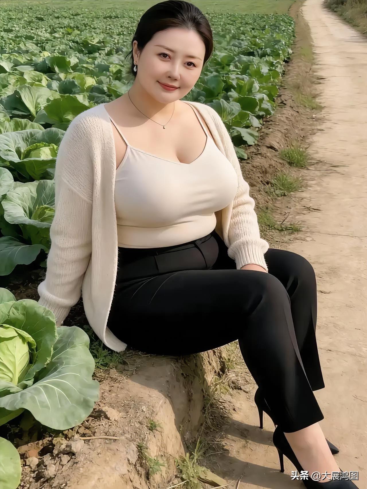 她身着时髦的衣裳，静静地坐在田埂之上。田野休闲照 稻田风光女孩 乡村丽人照 乡野