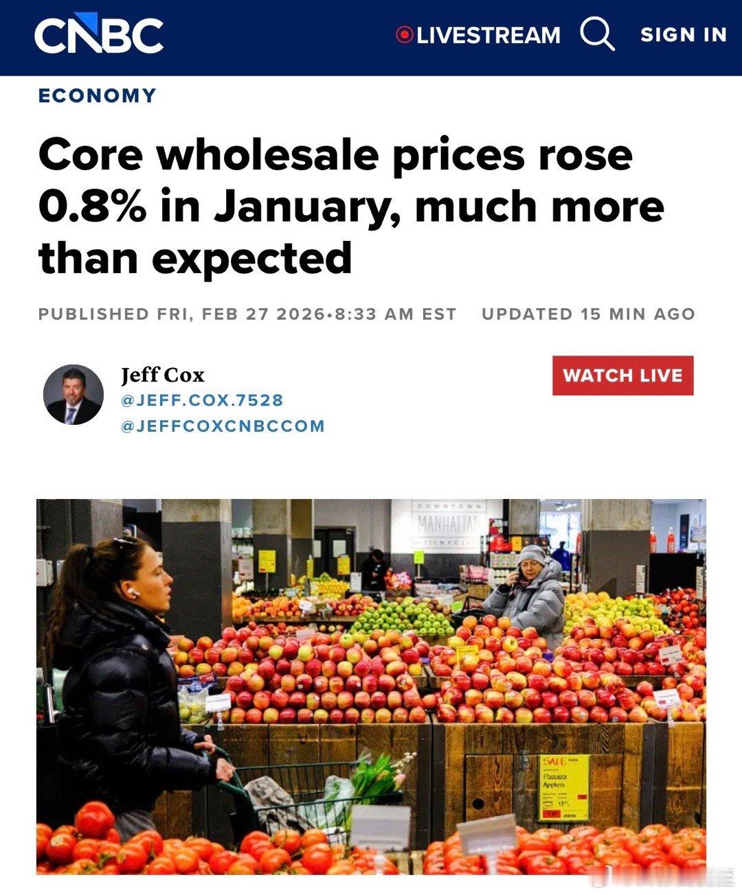 劳工部数据：美国一月核心PPI通胀，环比📈0.8%、同比📈3.6%，远远超过