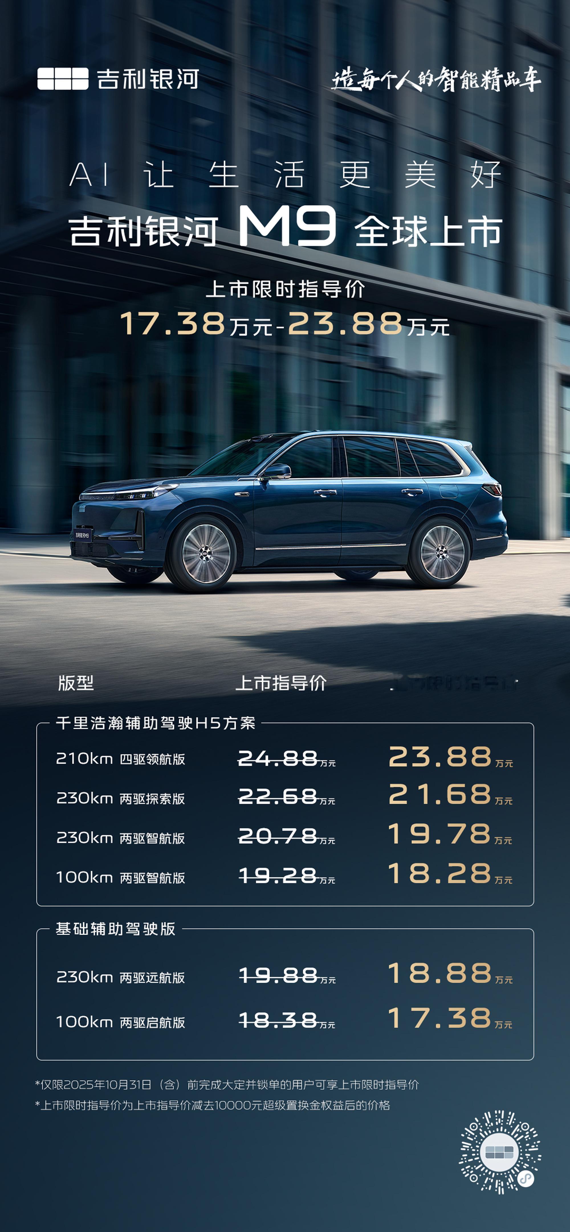 吉利银河M9主要推荐18.88万的230公里两驱远航版，因为是大电池的底配。H5