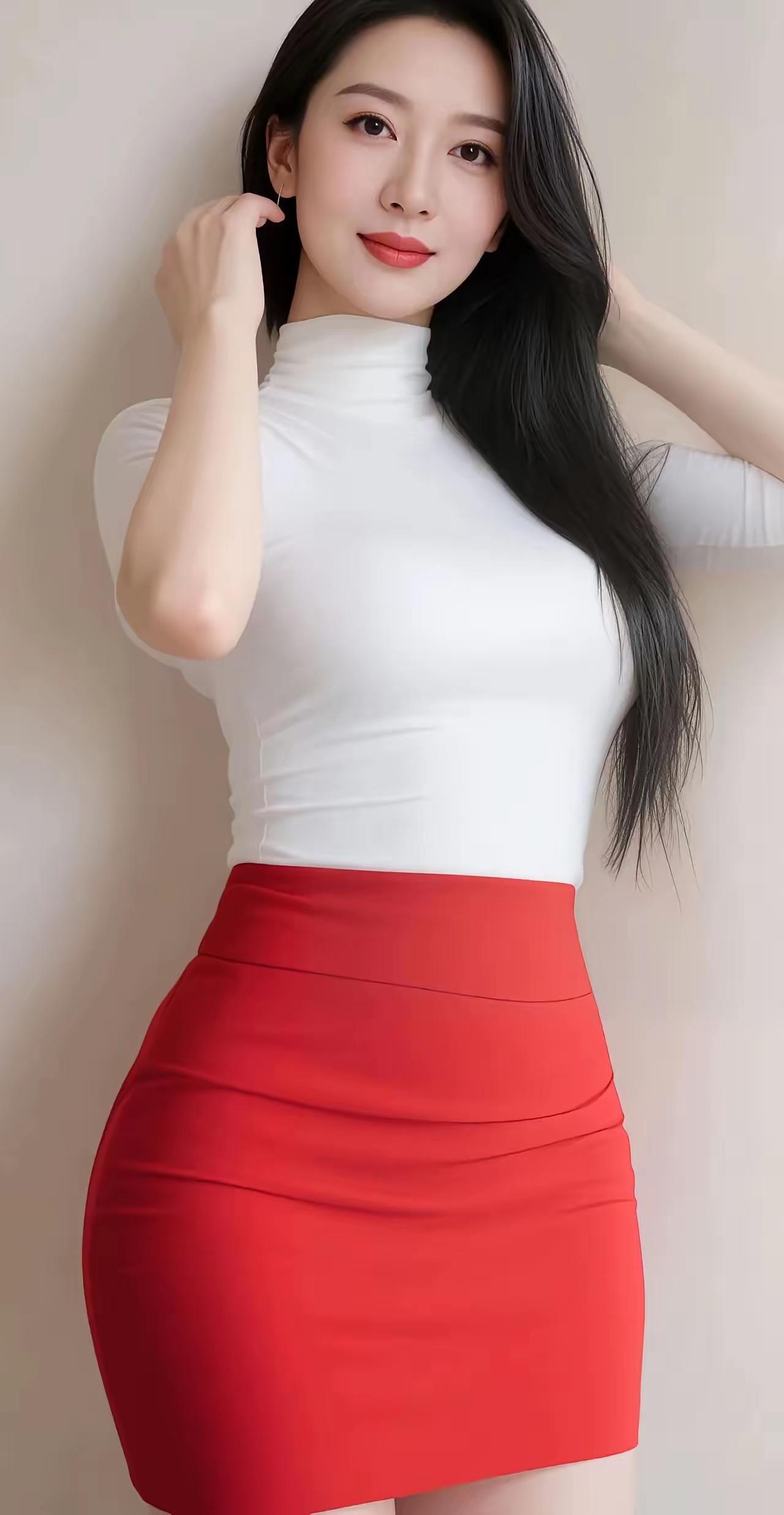 优雅红裙搭配纯白高领衫，尽显时尚魅力！👗💄