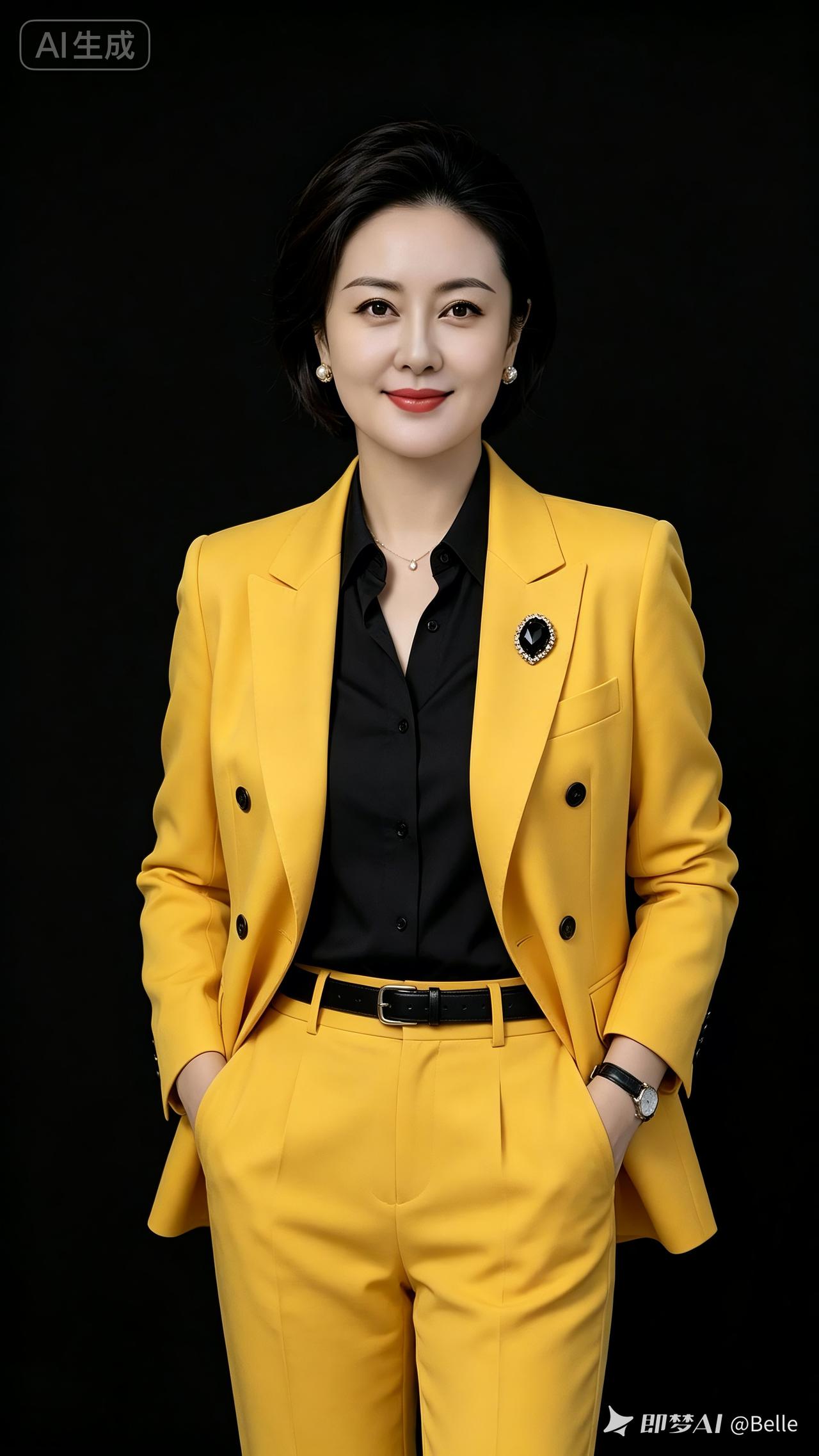 干练短发亚裔女性商务肖像，身着亮黄双排西装，左领镶嵌黑宝石胸针，内搭黑色衬衫，同