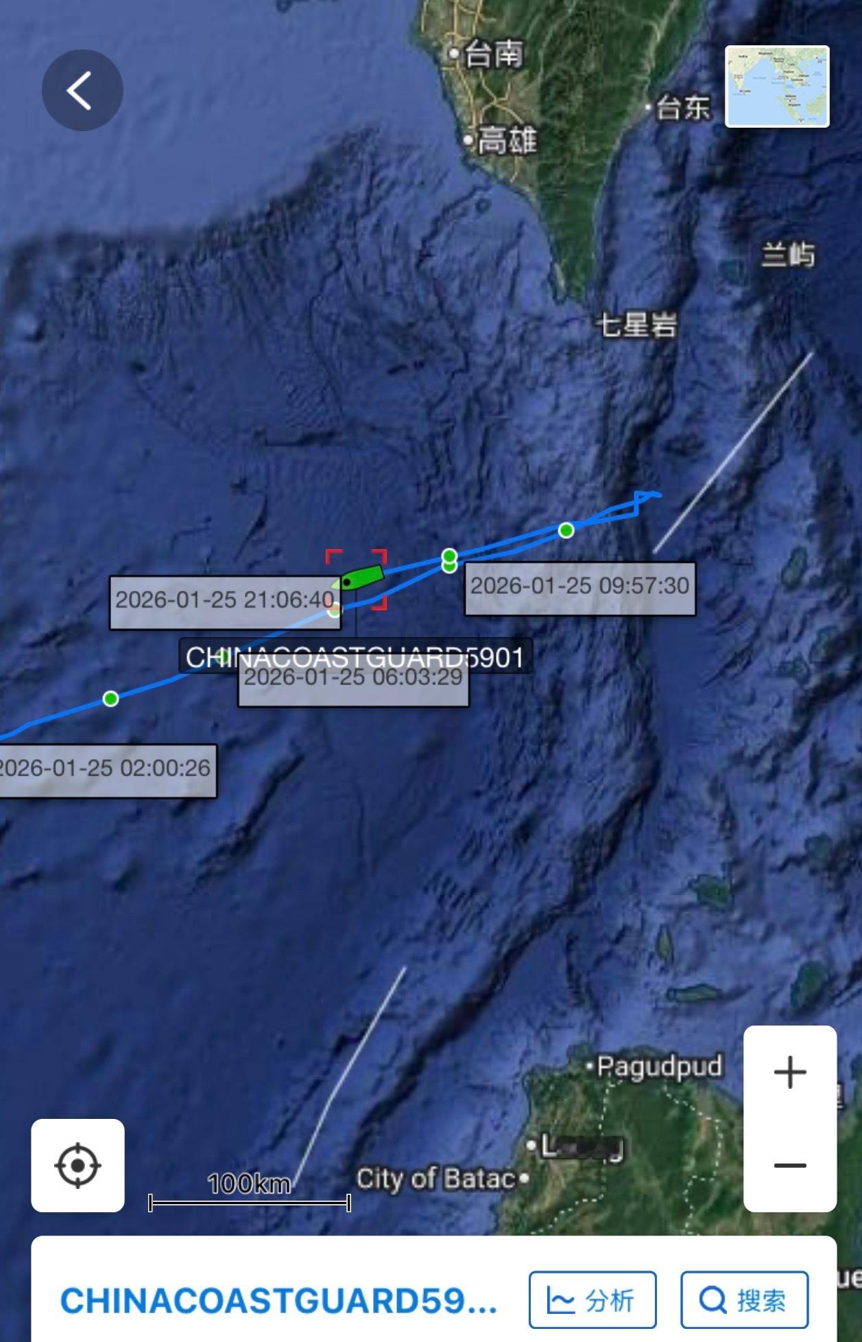 中国海警5901舰和2504舰抵达巴士海峡后原路返回，距离巴丹群岛约40海里。烽