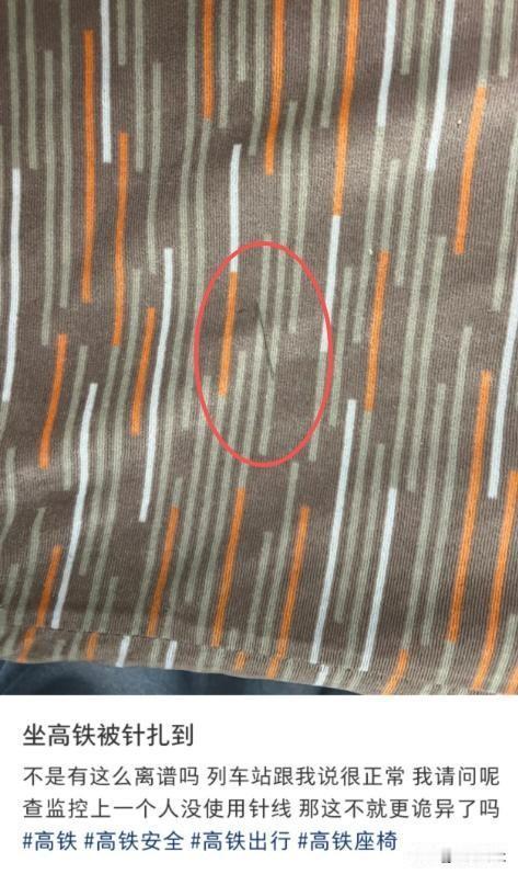 10月24日，林女士在乘坐高铁时意外发现座椅上有绣花针，引发了广泛关注。
高铁作