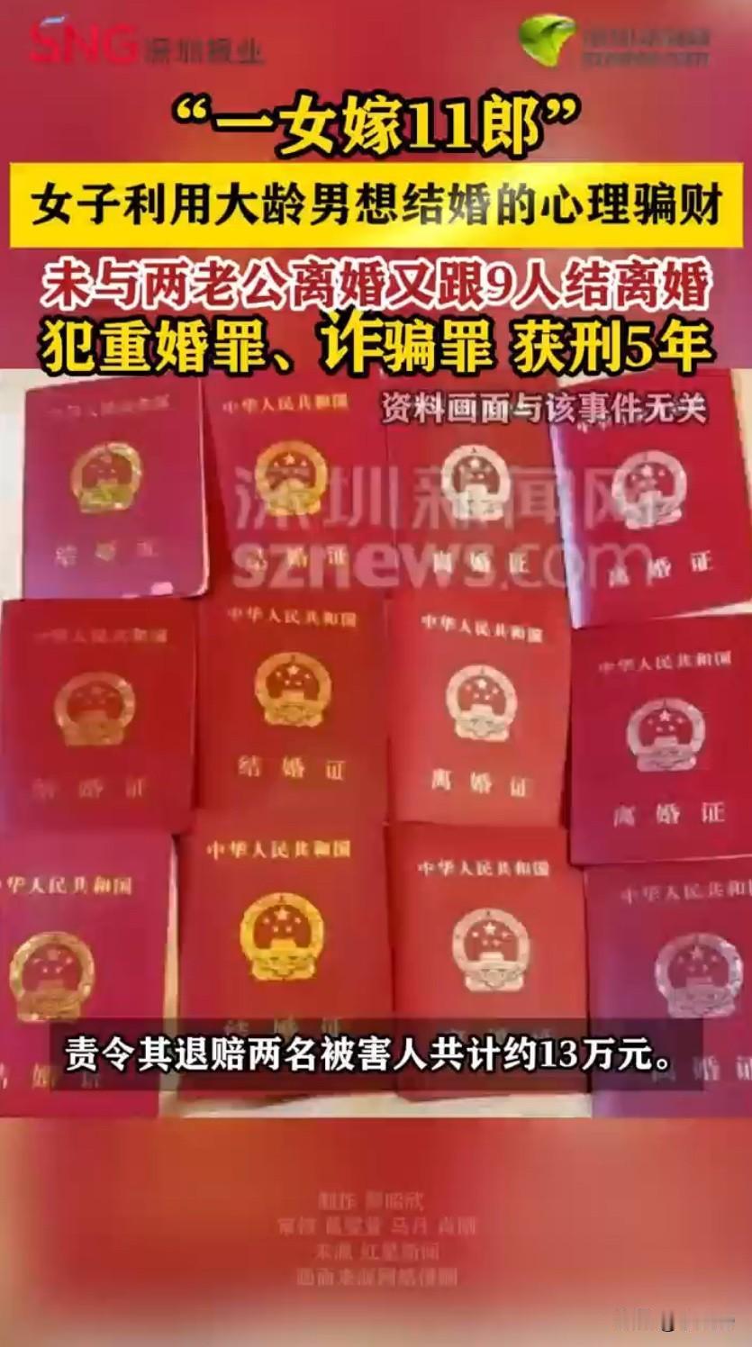 广西女子重婚11次还骗钱！利用大龄男婚恋心理，获刑5年退赔13万！
广西来宾一名