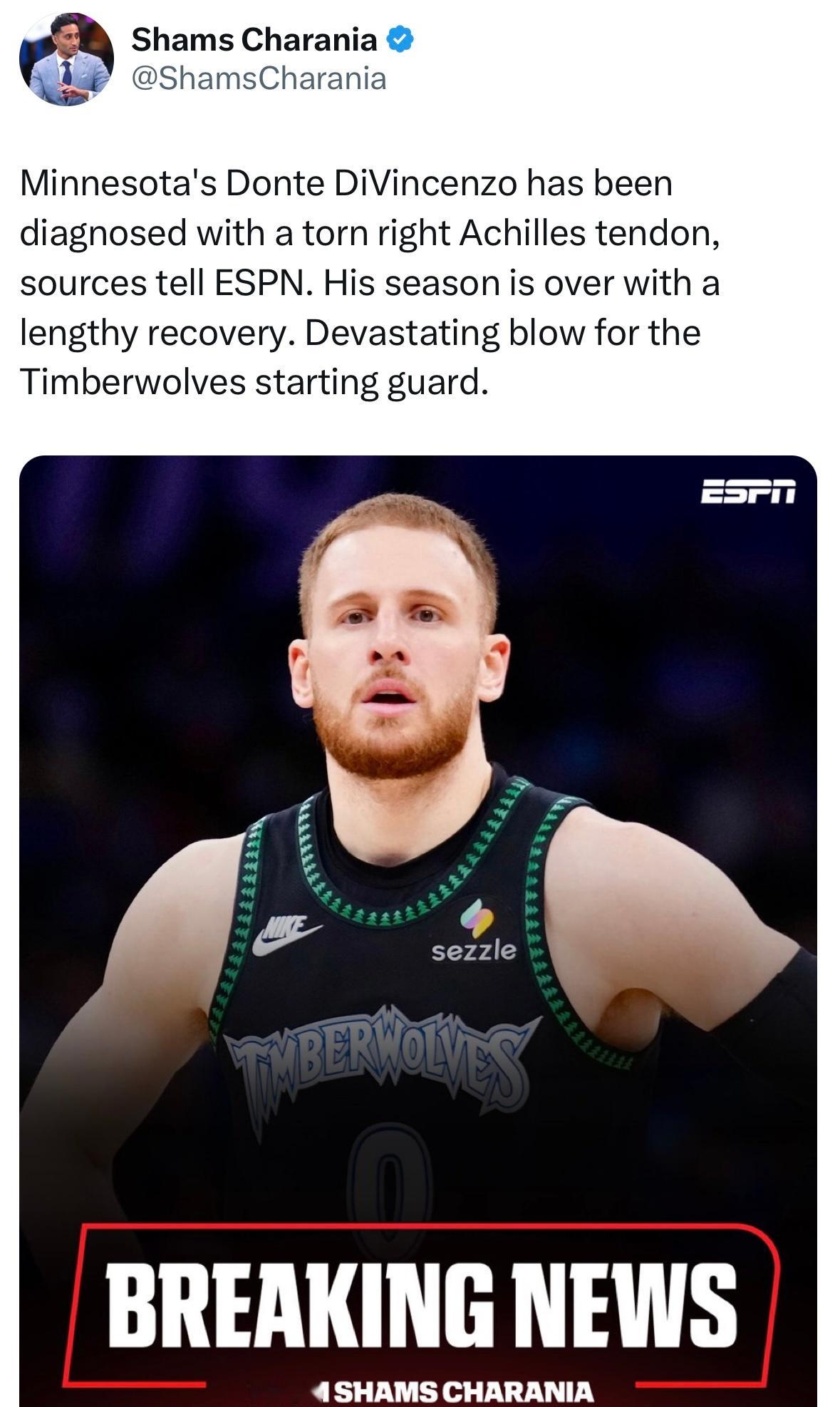 Shams：迪文跟腱撕裂，赛季报销。 迪文琴佐确诊为右脚跟腱完全撕裂。赛季就此宣