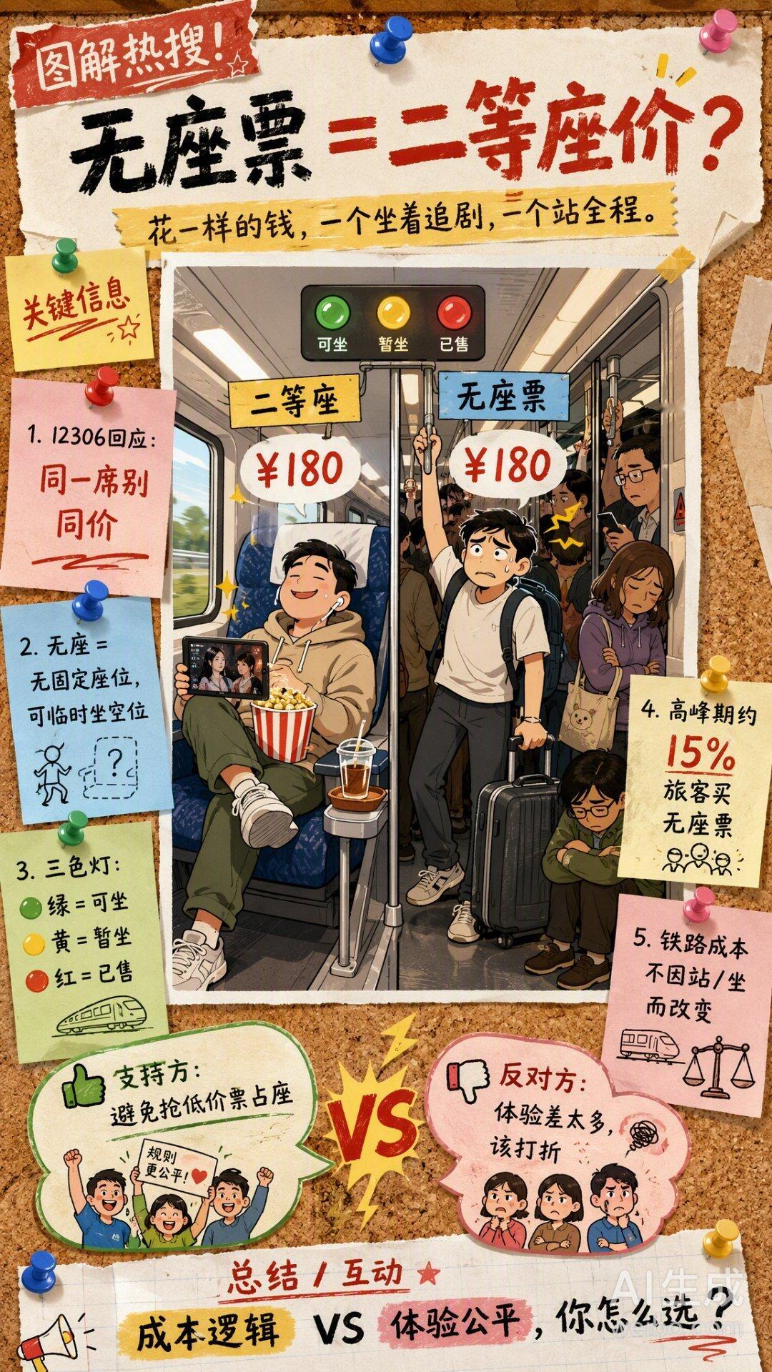 无座票为何和二等座同价无座票全称：无固定座位票！我认为它方便的是那些赶时间又买不
