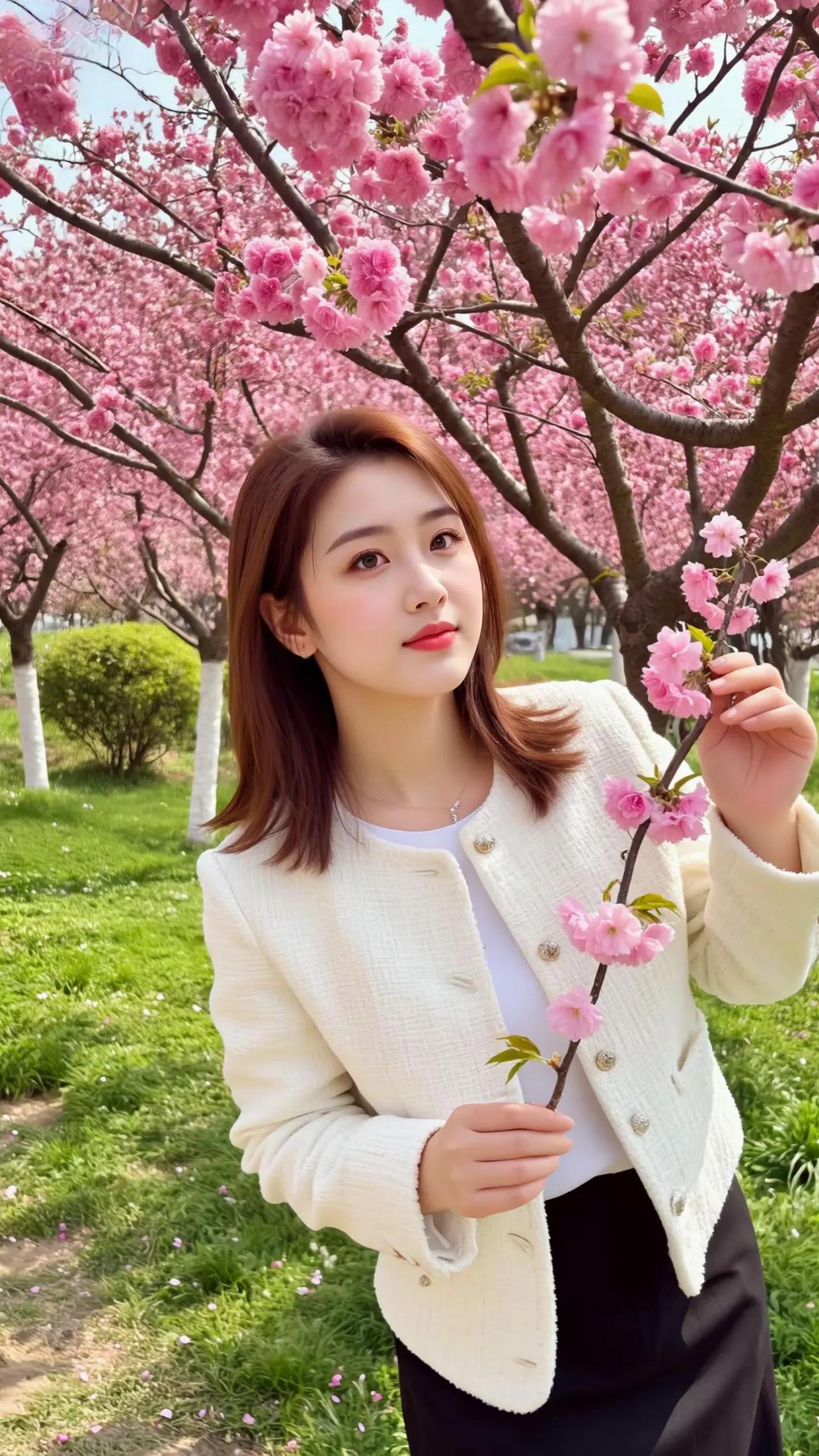 樱花树下，温柔少女，春日气息扑面而来。🌸💕舒适美丽穿搭