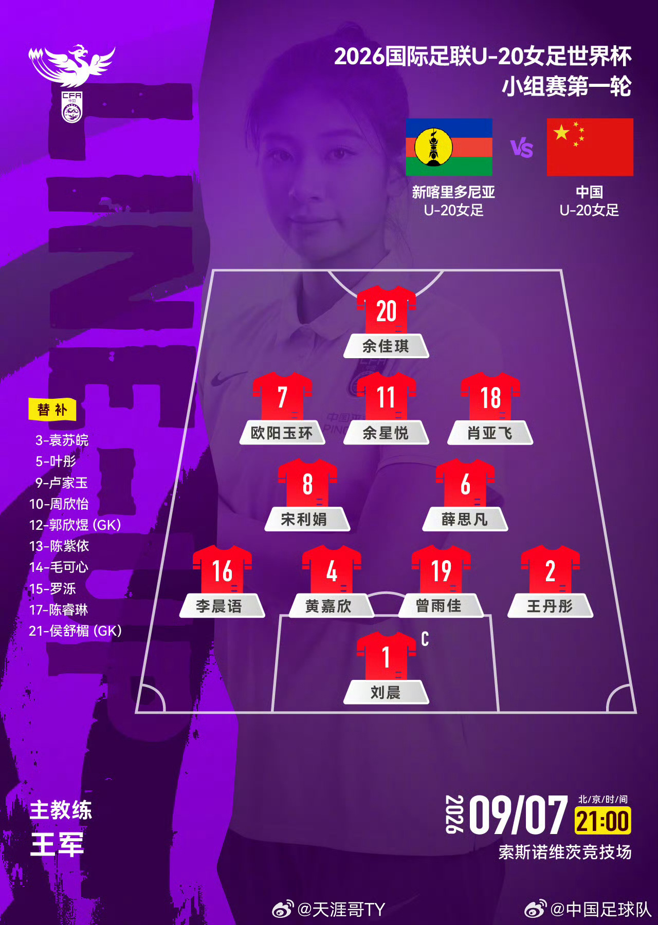 新喀里多尼亚U20vs中国U20女足|中国女足[超话]今晚九点，U20世界杯小组