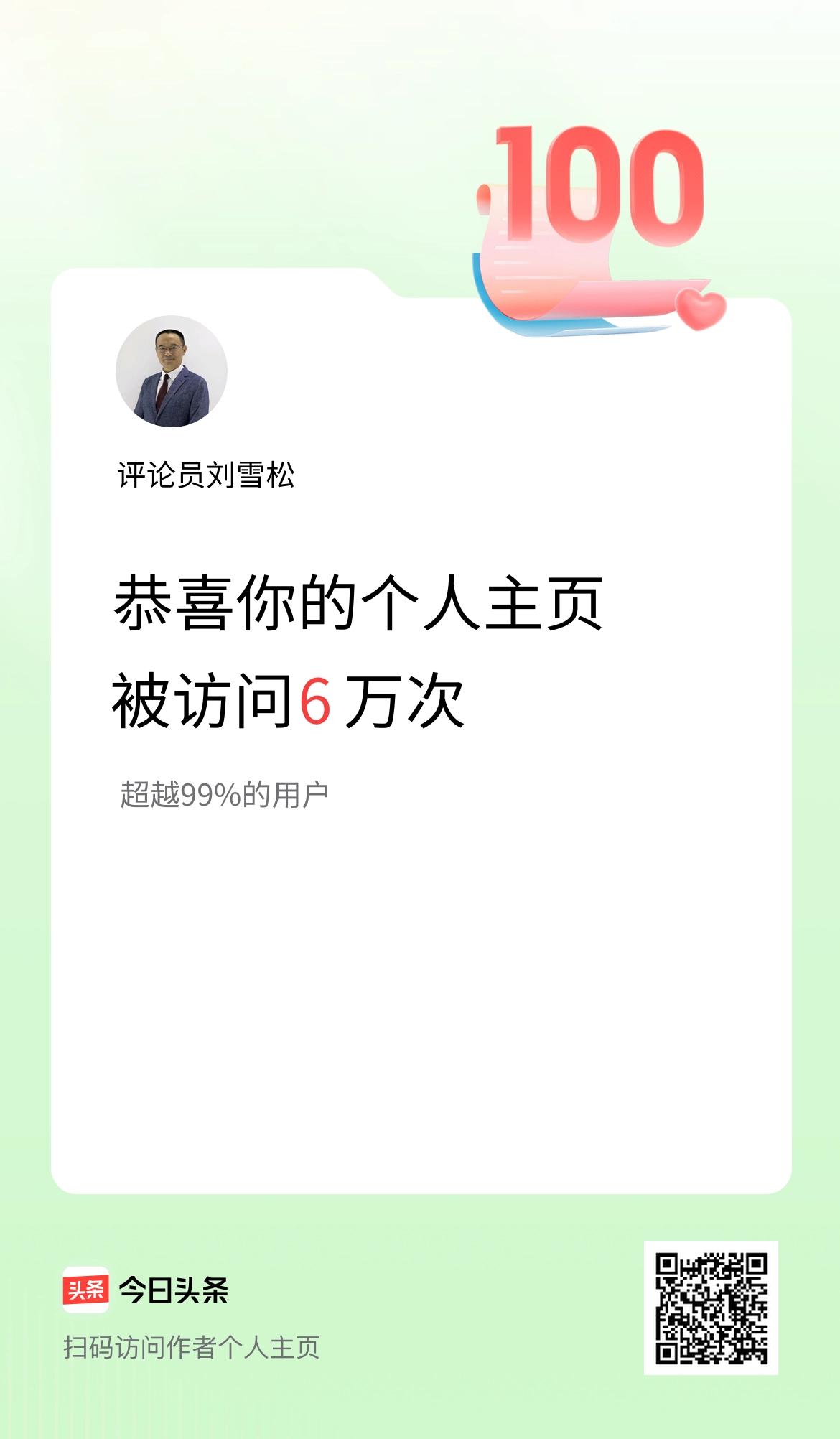 我的头条个人主页被访问6万次啦！