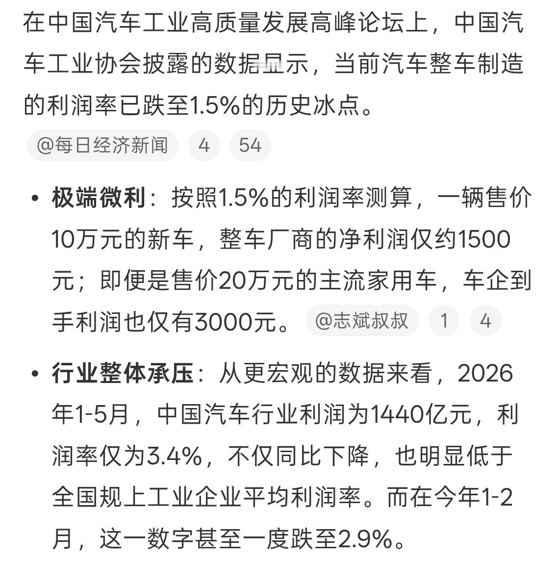 卖一辆10万元新车仅赚1500元车企真的太不容易了，一般一台车都是需要巨额投入的