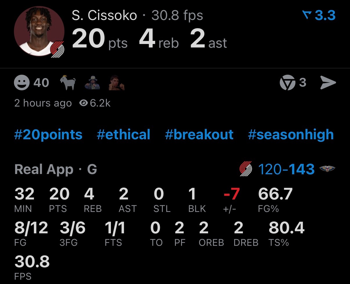 这是开拓者今天唯一亮点，在这混乱的夜晚，西索科打出生涯之夜。至于唯一“中锋”里斯