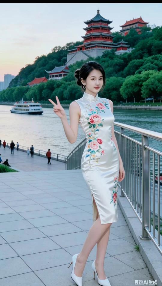 旗袍雅韵，出水芙蓉。
贴身裁剪，凸显性感。
嫣然一笑，风情迷人。
贴身裁剪，身姿