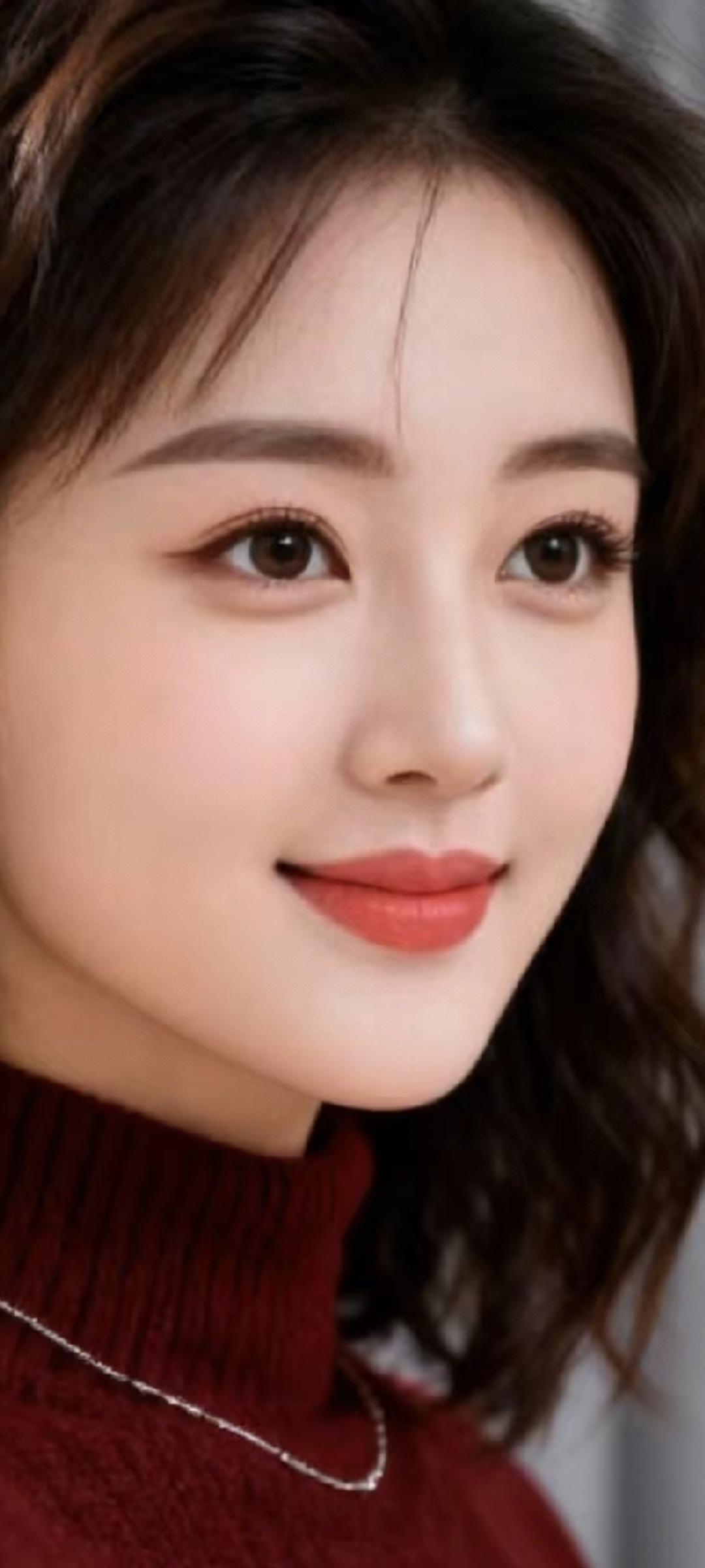 温柔甜美的微笑，红唇与酒红色毛衣相得益彰，散发着冬日暖阳般的温暖气息。