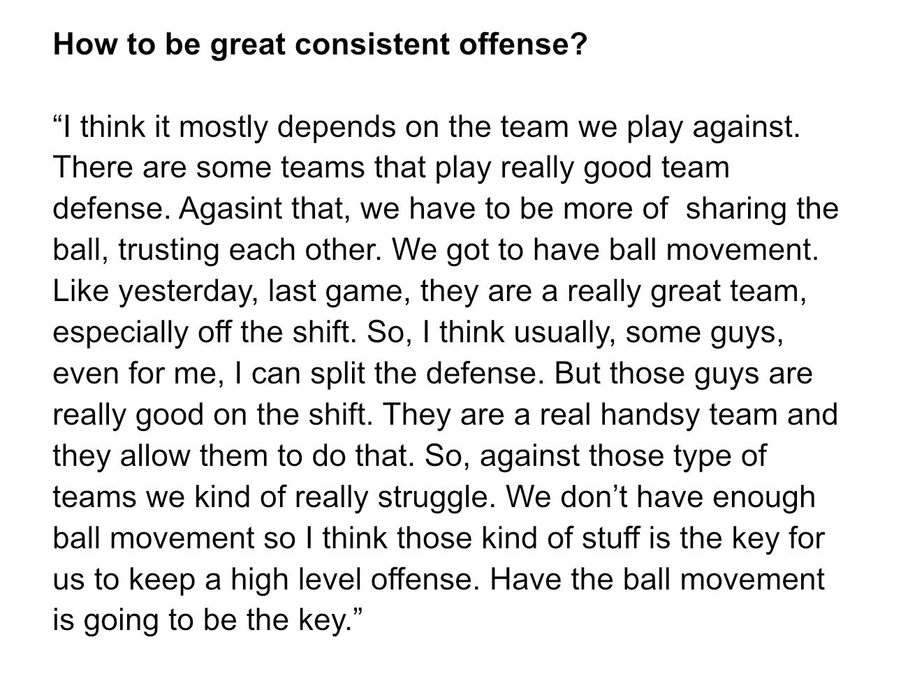 八村塁谈如何打出稳定高效的进攻：“我觉得这主要取决于我们的对手。有些球队的团队防