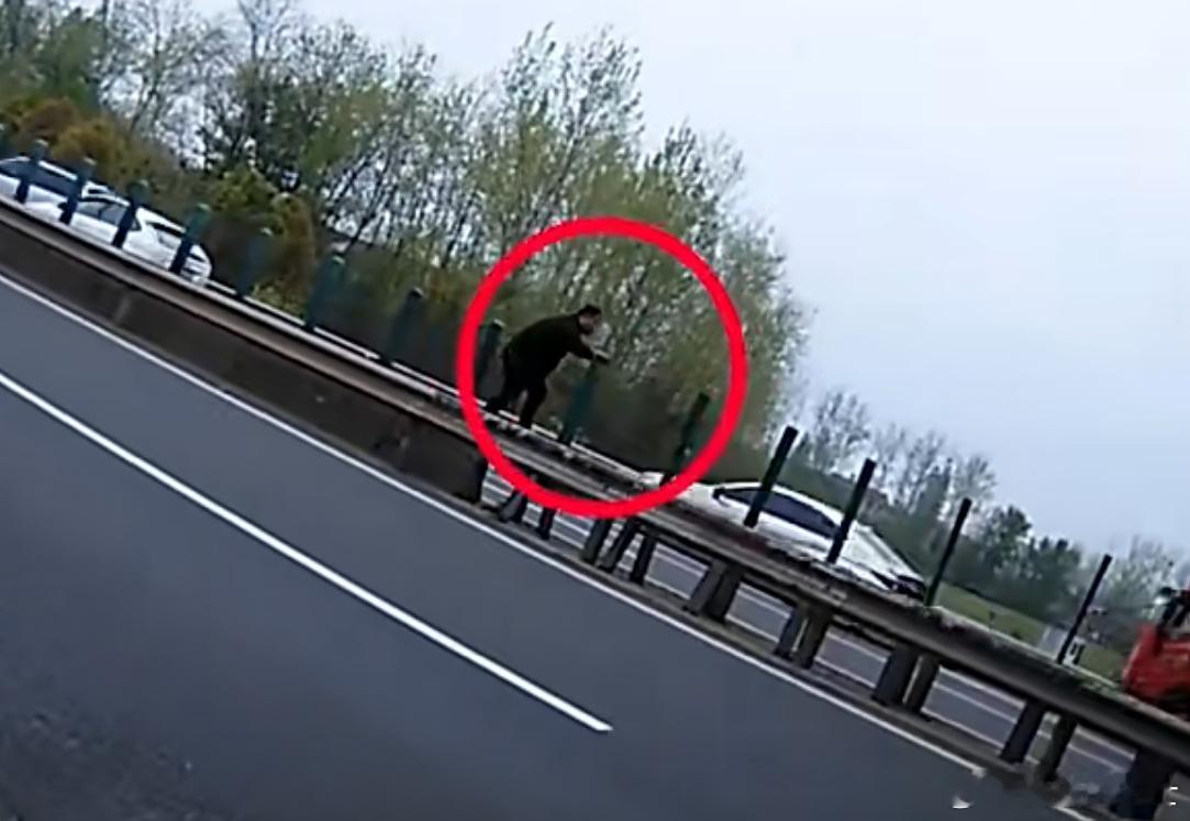 我的天！高速上追尾后，他竟然站在中央护栏上当起了“人肉警示牌”？😱近日沪渝高速