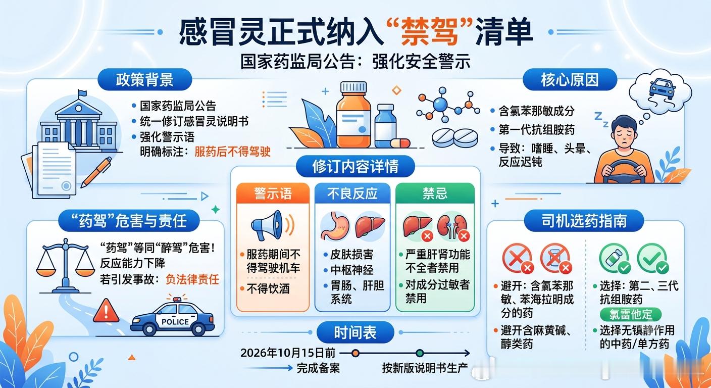 感冒灵正式纳入禁驾清单 国家药监局发布第66号公告，强制要求所有感冒灵口服制剂（