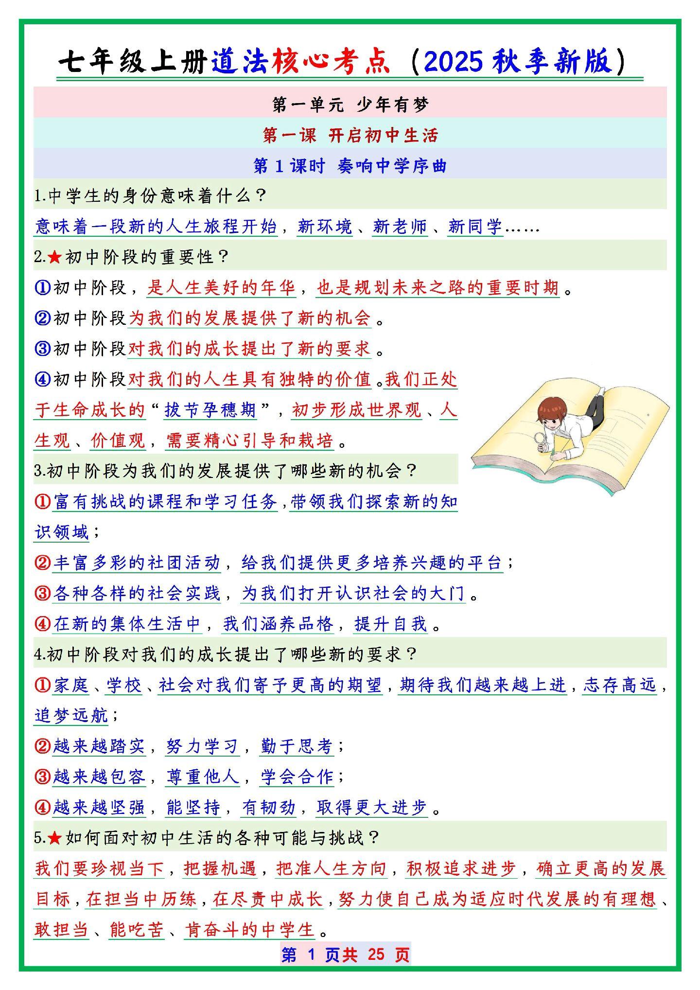 七年级上册道法：全册核心考点知识清单，尖子生早就滚瓜烂熟了，抓紧时间收...