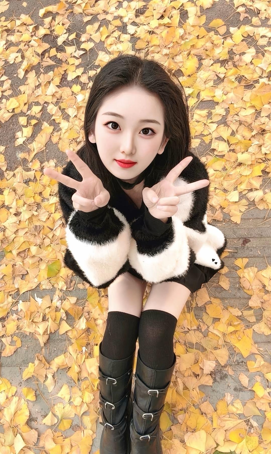 秋日暖阳下，小姨子与落叶的甜美合影🍂💖