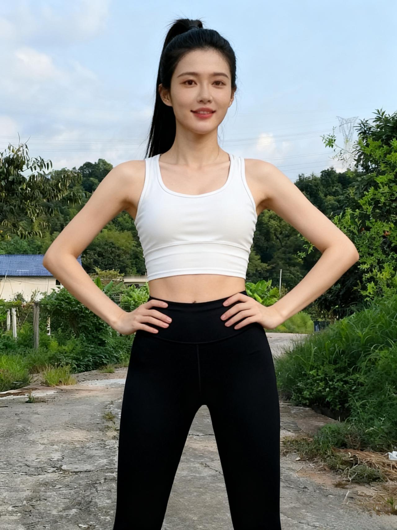 白衫黑裤立村郊，青丝悬瀑拭碧霄。
笑靥绽时风也软，山光尽向此中摇。