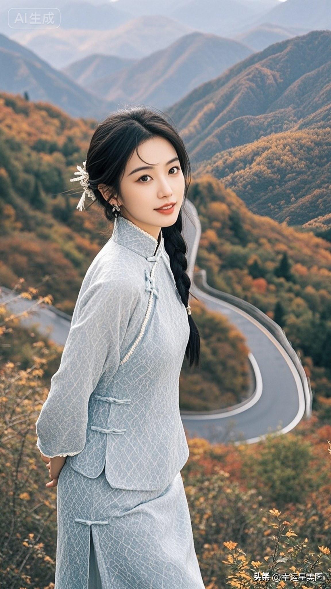 秋日山间，白衣少女，静谧如画